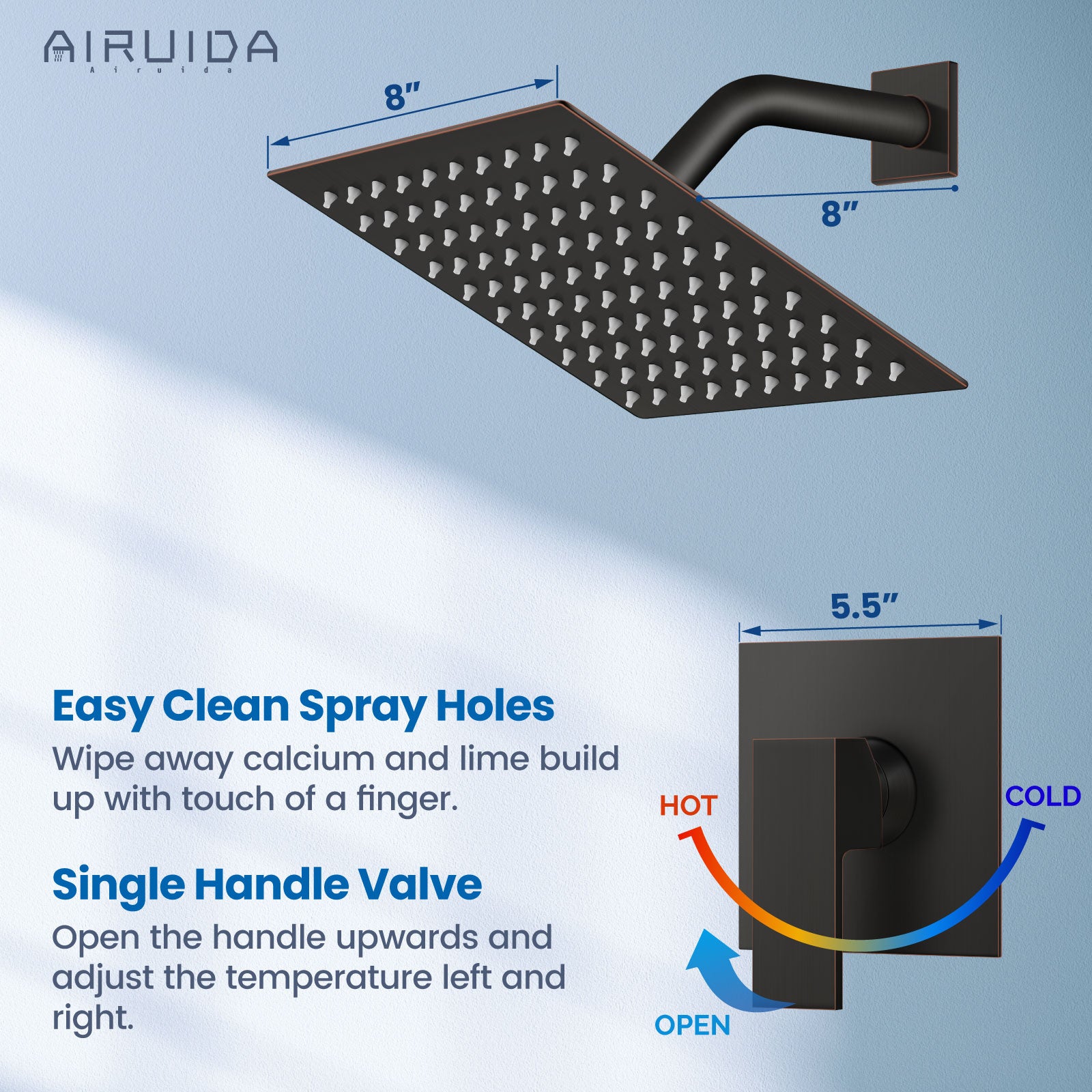 Airuida Shower Faucet Set Bathroom Rain Shower System 8 Inch Square Showerhead Single Function 1 Handle Trim Kit with Female Thread Rough-in Valve Cover Plate without H and C Labels Oil Rubbed Bronze