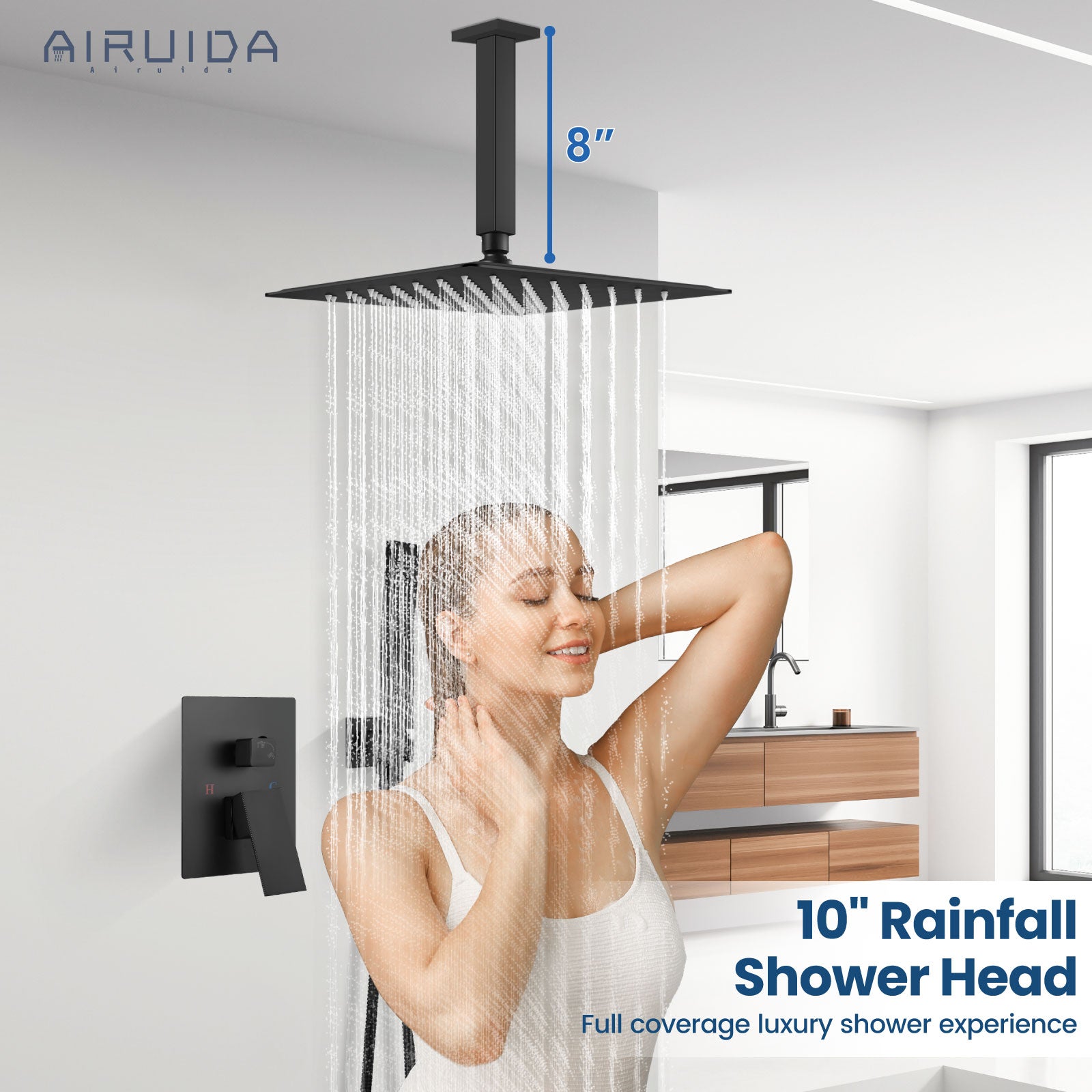 Airuida Matte Black Ceiling Mount Rain Shower System Shower Faucets Sets Complete 10 Inch Square SUS304 Rainfall Shower Head with Brass Handheld Spray, Rough-in Valve Mixer Shower Combo Set