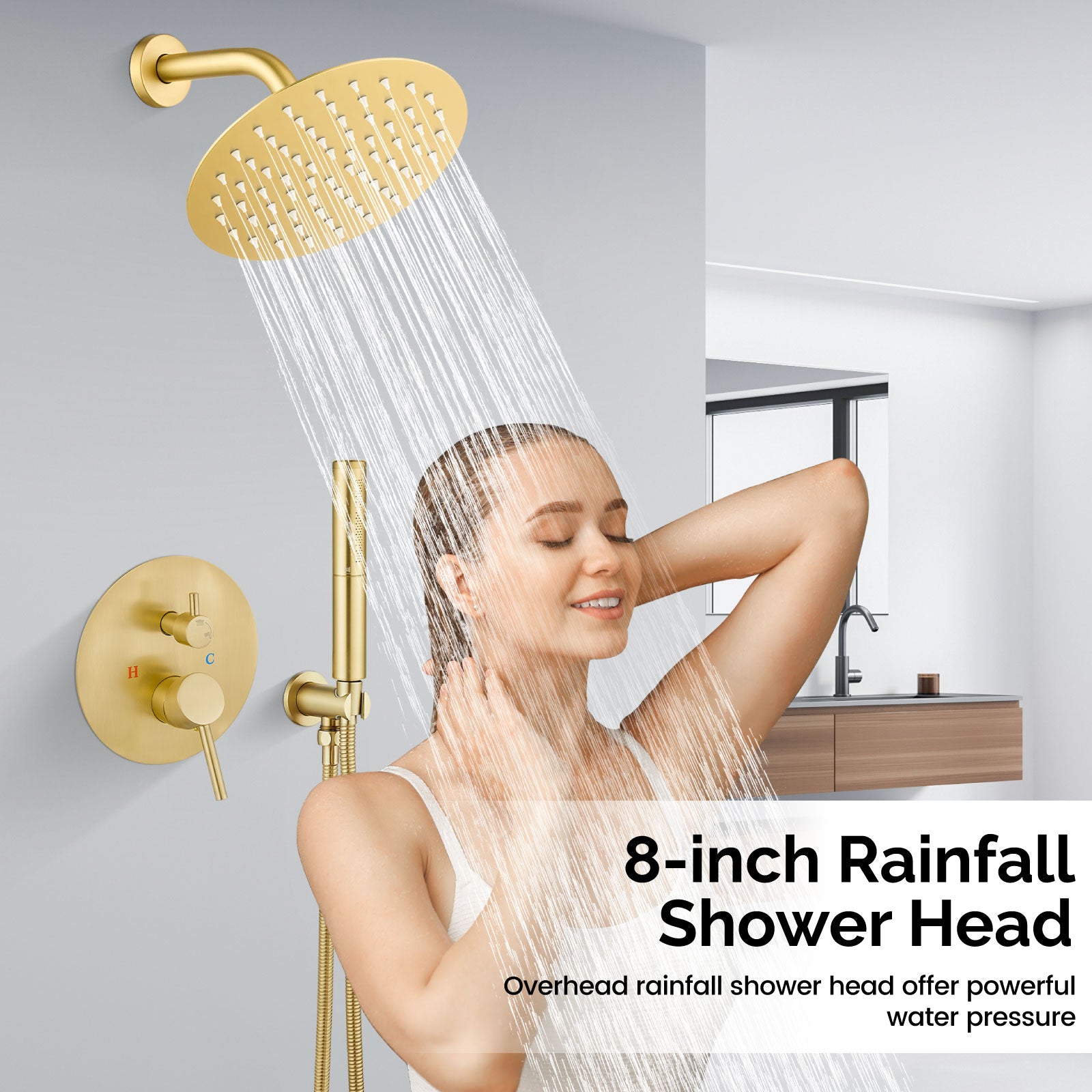 Airuida Shower Fixtures 2 Functions Shower Faucet Set Wall Mounted for Bathroom High Pressure Brass Handheld Shower with Rough-in Valve Round Rainfall 8 Inch Shower Head Brushed Gold