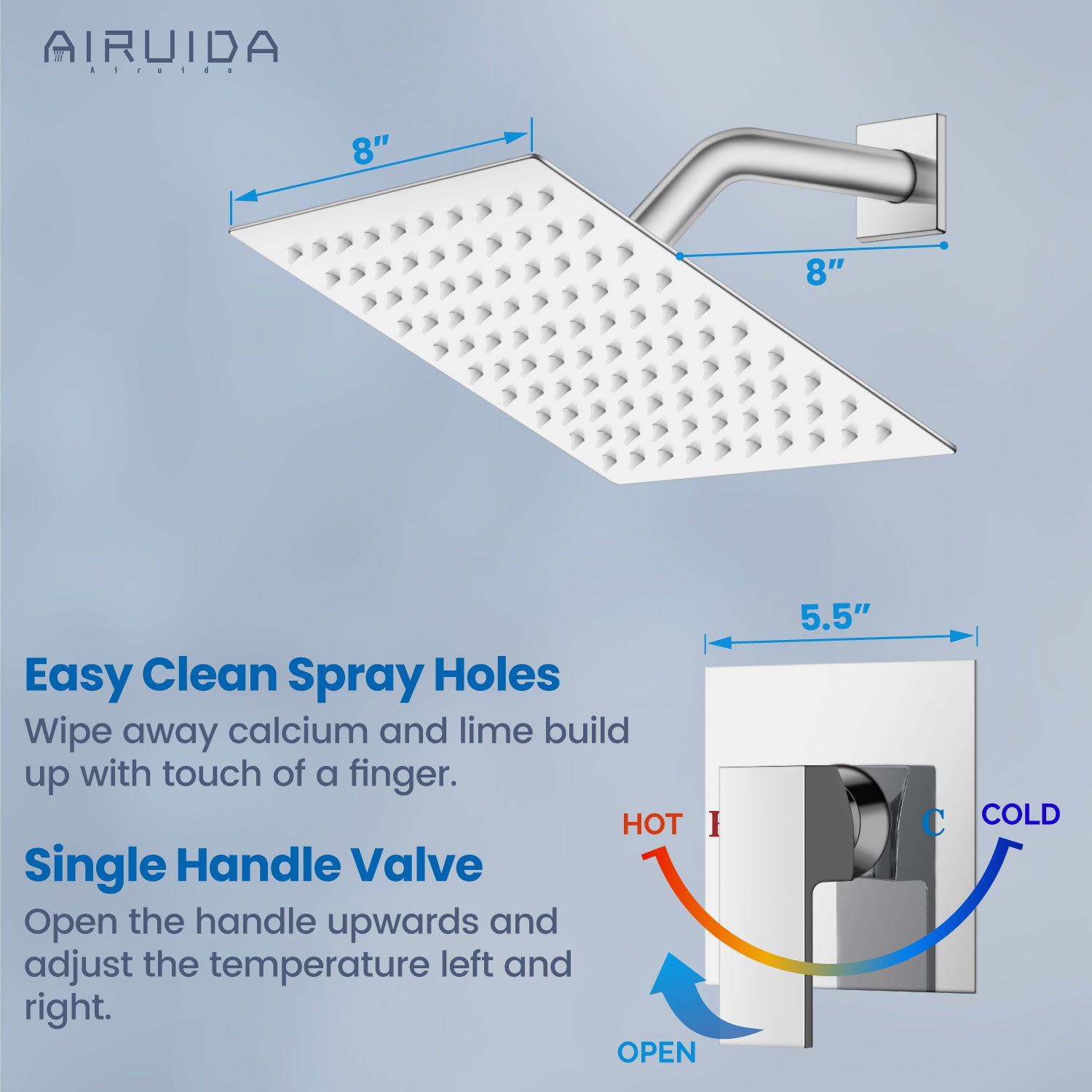 Airuida Shower Faucet Set Bathroom Rain Shower System 8 Inch Square Showerhead Single Function Single Handle Shower Trim Kit With Thread Rough-in Valve