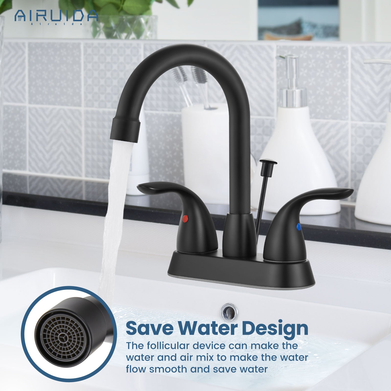 Airuida 4 Inch Centerset Bathroom Faucet RV Basin Mixer Bar Tap Bathroom Sink Faucet with Lift Rod Drain Stopper 2 Handle Modern Lavatory Commercial Faucet Deck Mount