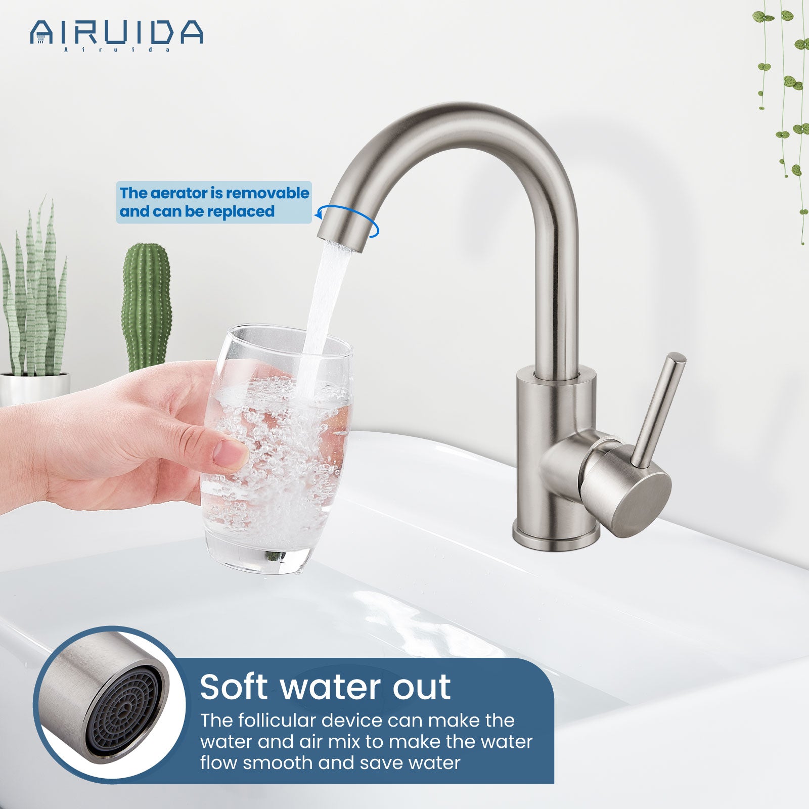 Airuida Bar Sink Faucet Single Hole Single Handle Bathroom Sink Faucet Kitchen Small Prep Wet Farmhouse RV Lavatory Vanity Mixer Tap 360 Degree Swivel Spout Without Pop Up Drain Brushed Nickel