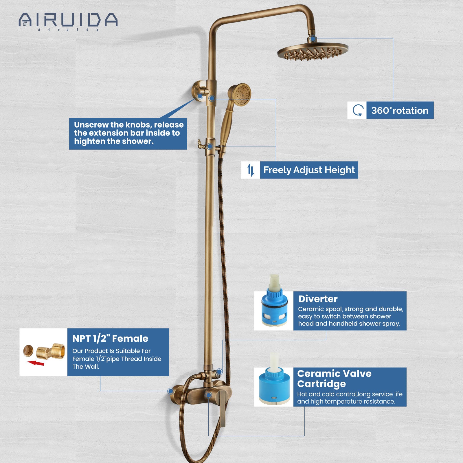 Airuida Shower Fixture 8 Inch Rain Shower Head Exposed Pipe Shower System Single handle Dual Functions Shower Faucet Combo Unit Set Adjustable Shower Head Bar Modern