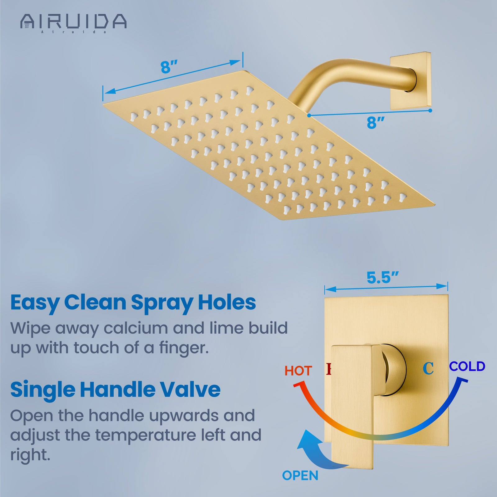 Airuida Shower Faucet Set Bathroom Rain Shower System 8 Inch Square Showerhead Single Function Single Handle Shower Trim Kit With Thread Rough-in Valve