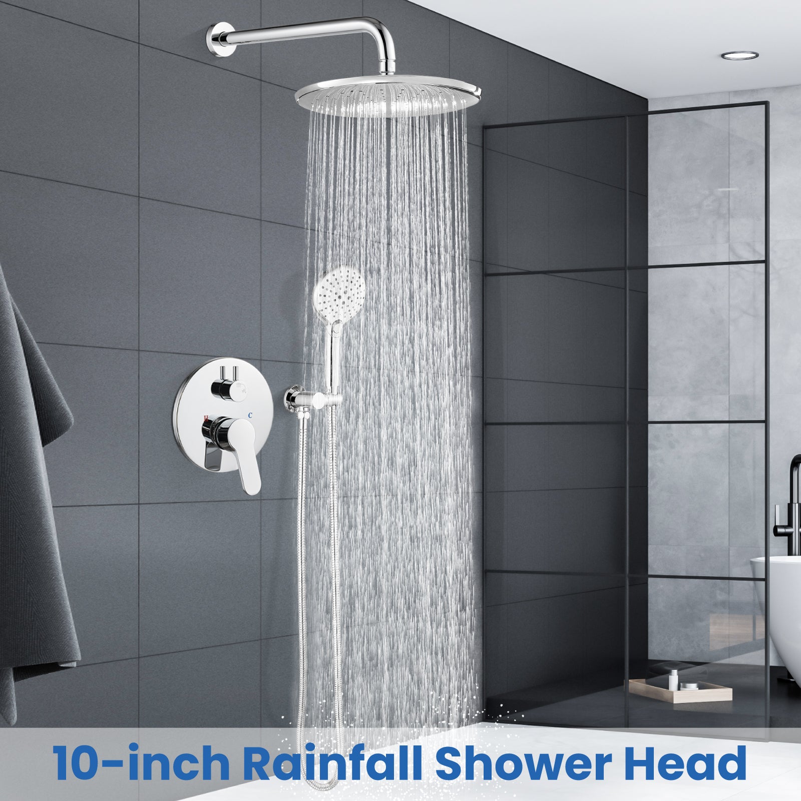 Airuida Chrome Polish Shower Fixtures Wall Mount 2 Functions Rain Shower System 10 Inches Round Rainfall Shower Head Shower Faucet Set with Pressure Balance Valve ABS Shower Handheld Shower