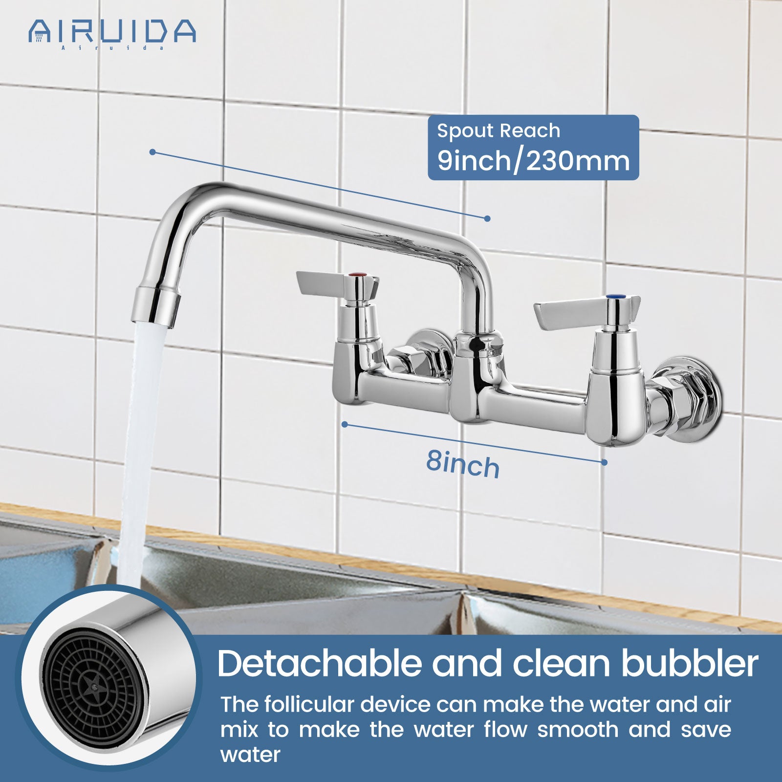 Airuida Wall Mount Kitchen Sink Faucet Commercial Sink Faucet 8 Inch Center Kitchen Mixer Commercial Tap for Laundry Room with 2 Hole Double Handles 360 Rotatable