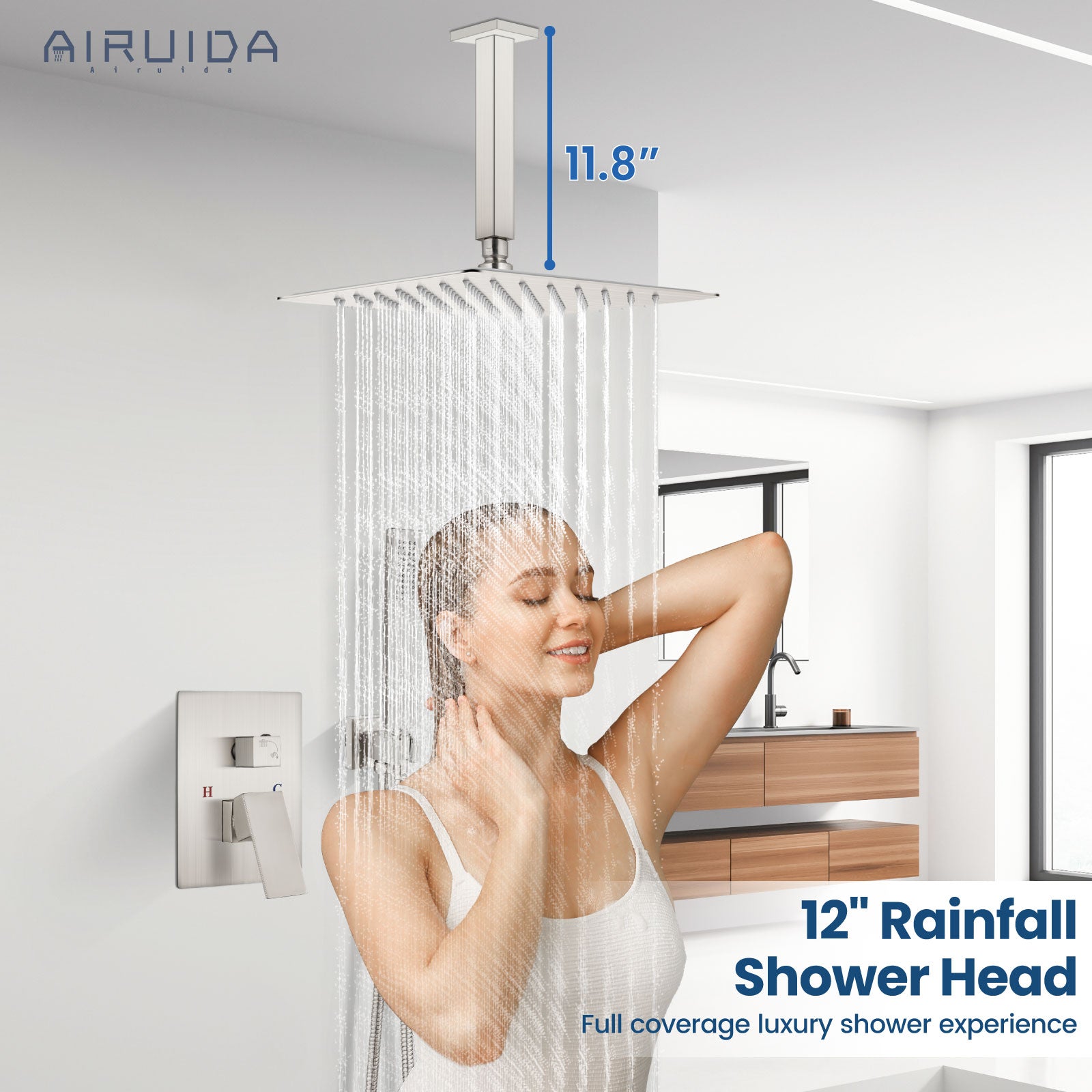 Airuida 12 Inch Ceiling Shower System  SUS304 Ultra-thin Ceiling Mount Rain Shower Head with Handheld Rough-in Valve Bathroom Luxury Brass Shower Rain Mixer Shower Faucet Set