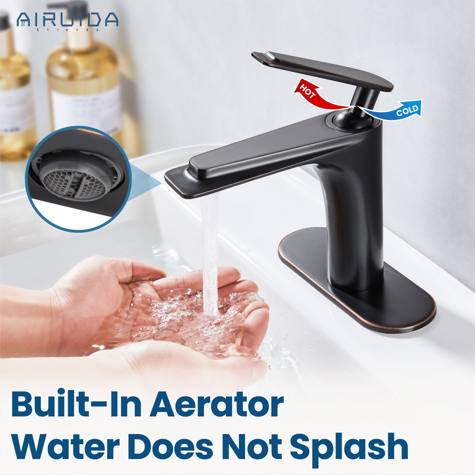 Airuida Single Handle Bathroom Sink Faucet 1 or 3 Hole Washbasin Mixer Tap Deck Mount Solid Brass Material Bath Lavatory Short Vanity Bathroom Faucet with Pop Up Drain and Deck Plate