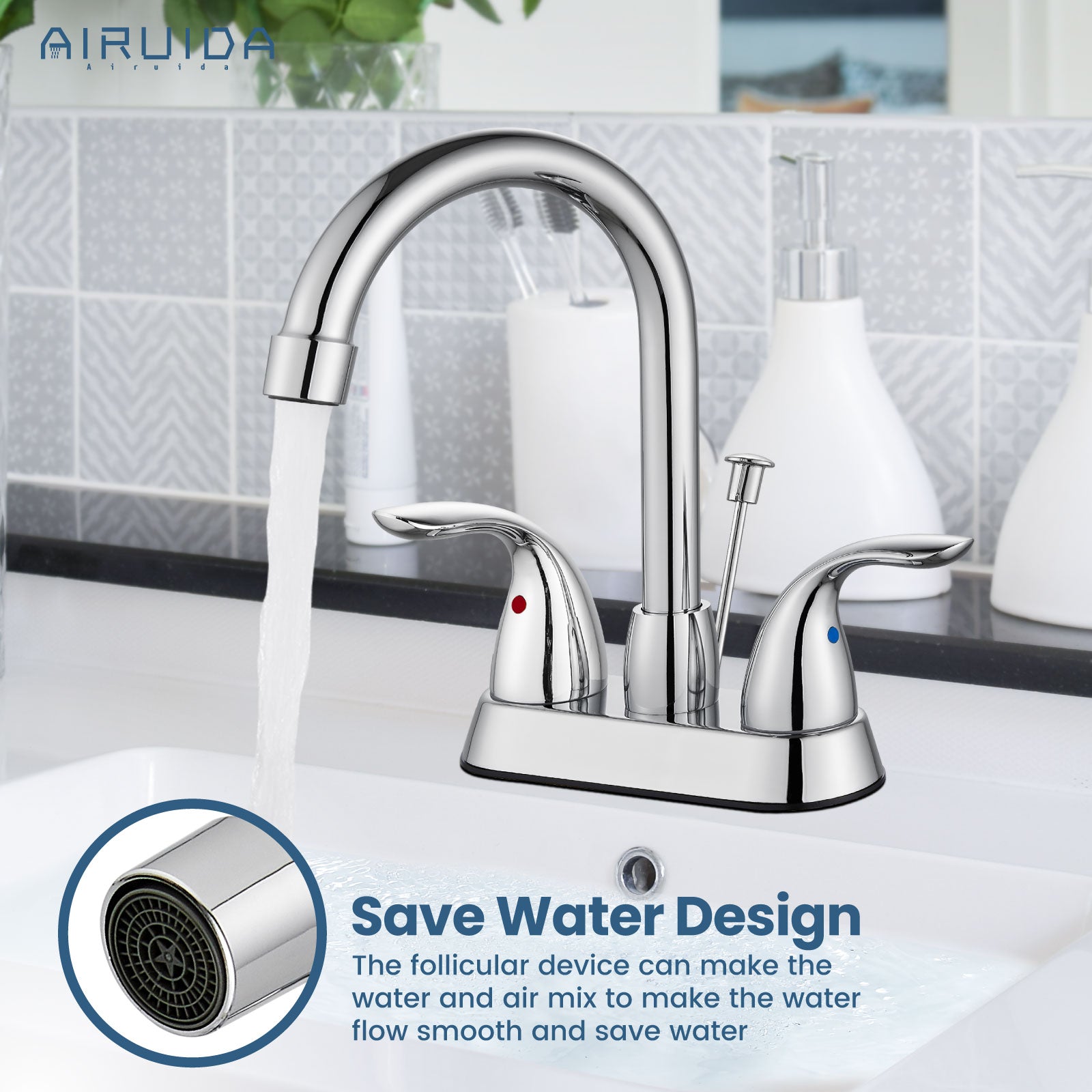 Airuida 4 Inch Centerset Bathroom Faucet RV Basin Mixer Bar Tap Bathroom Sink Faucet with Lift Rod Drain Stopper 2 Handle Modern Lavatory Commercial Faucet Deck Mount
