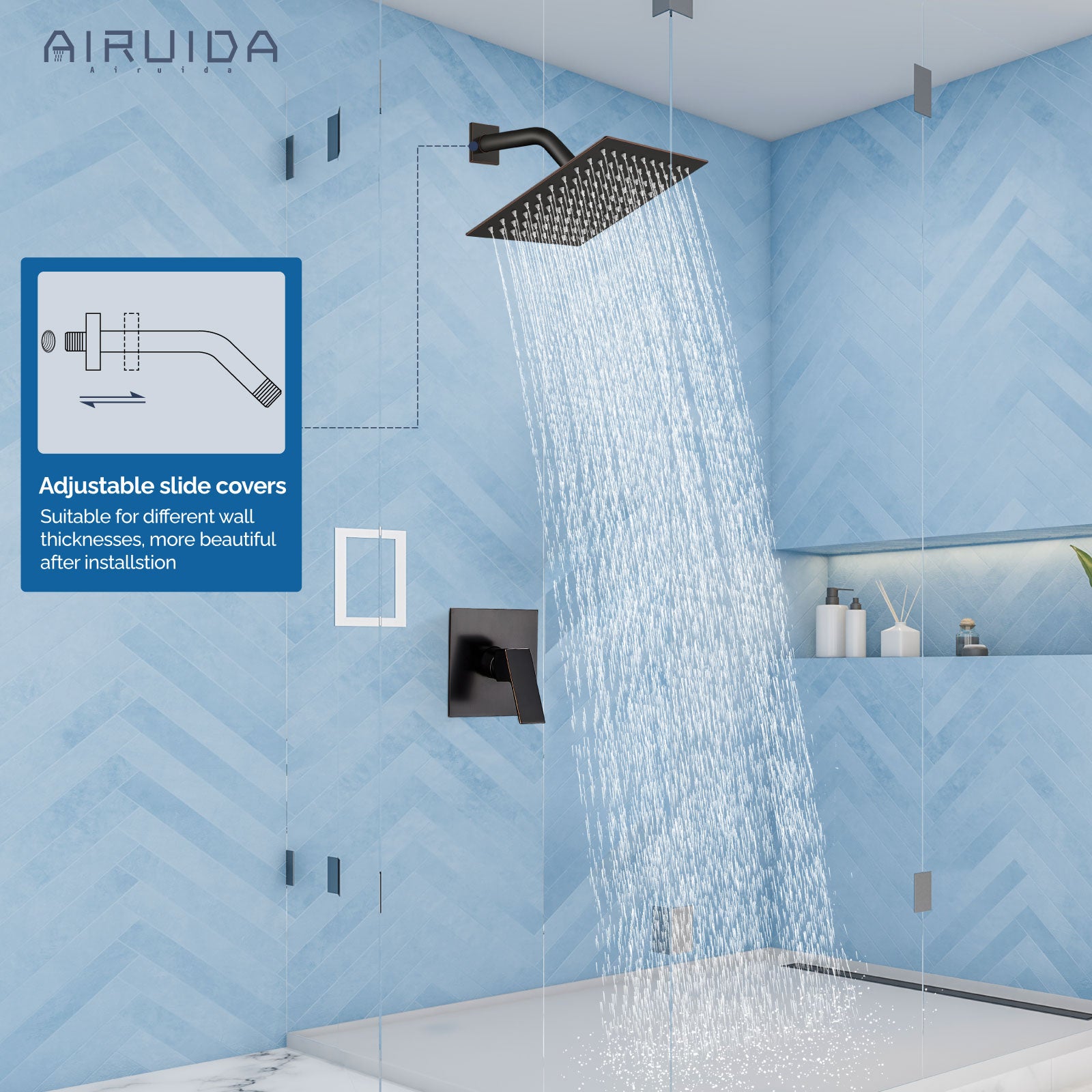 Airuida Shower Faucet Set Bathroom Rain Shower System 8 Inch Square Showerhead Single Function 1 Handle Trim Kit with Female Thread Rough-in Valve Cover Plate without H and C Labels Oil Rubbed Bronze