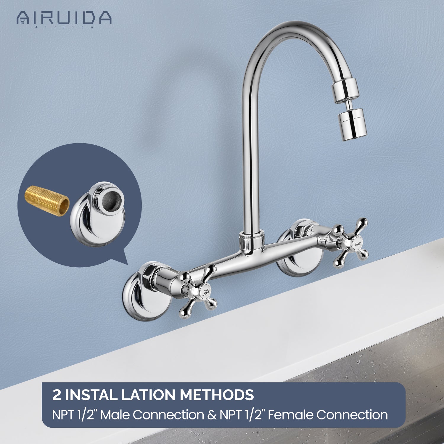 Wall Mount Faucets Connector Set Brass Kitchen Sink 1/2" NPT Female to G 3/4 Male Chrome Polish Mounted Installation Kit