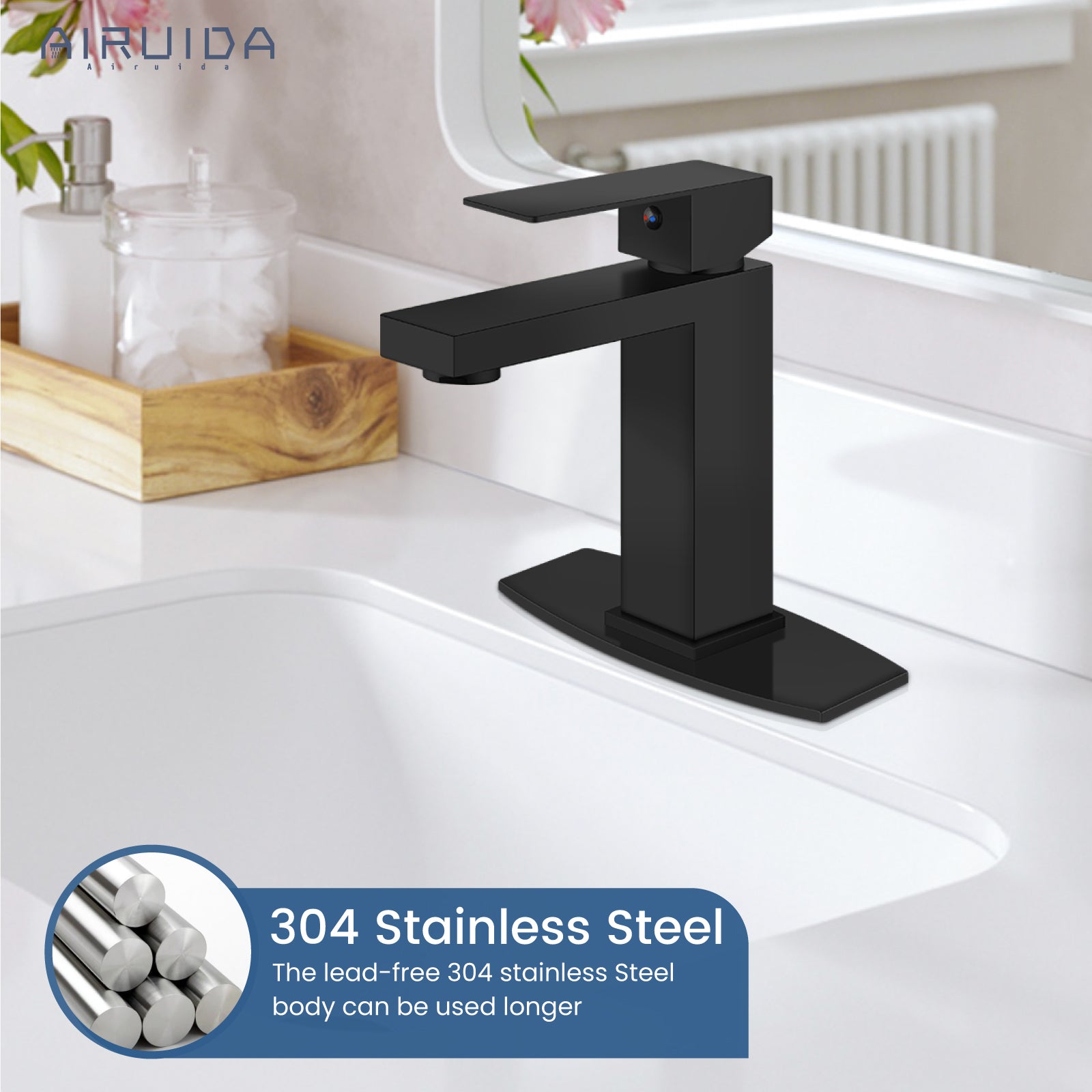 Airuida One Hole Bathroom Sink Faucet Short Bowl Sink Faucet Single Handle Vanity RV Bathroom Faucet Basin Lavatory Mixer Tap with Water Supply Hoses