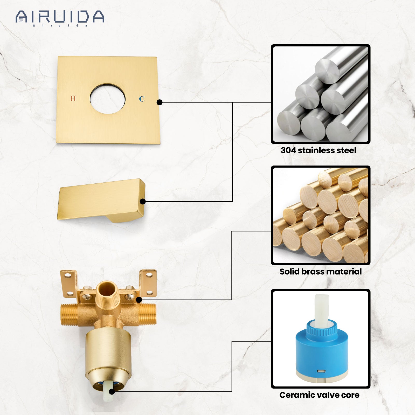 Airuida Single-Function Shower Handle Valve Trim Kit Shower Valves Wall Mount Brass Faucet Shower Rough-In Valve Bathroom Trim Kit Single Handle Tub Shower Valve Mixer