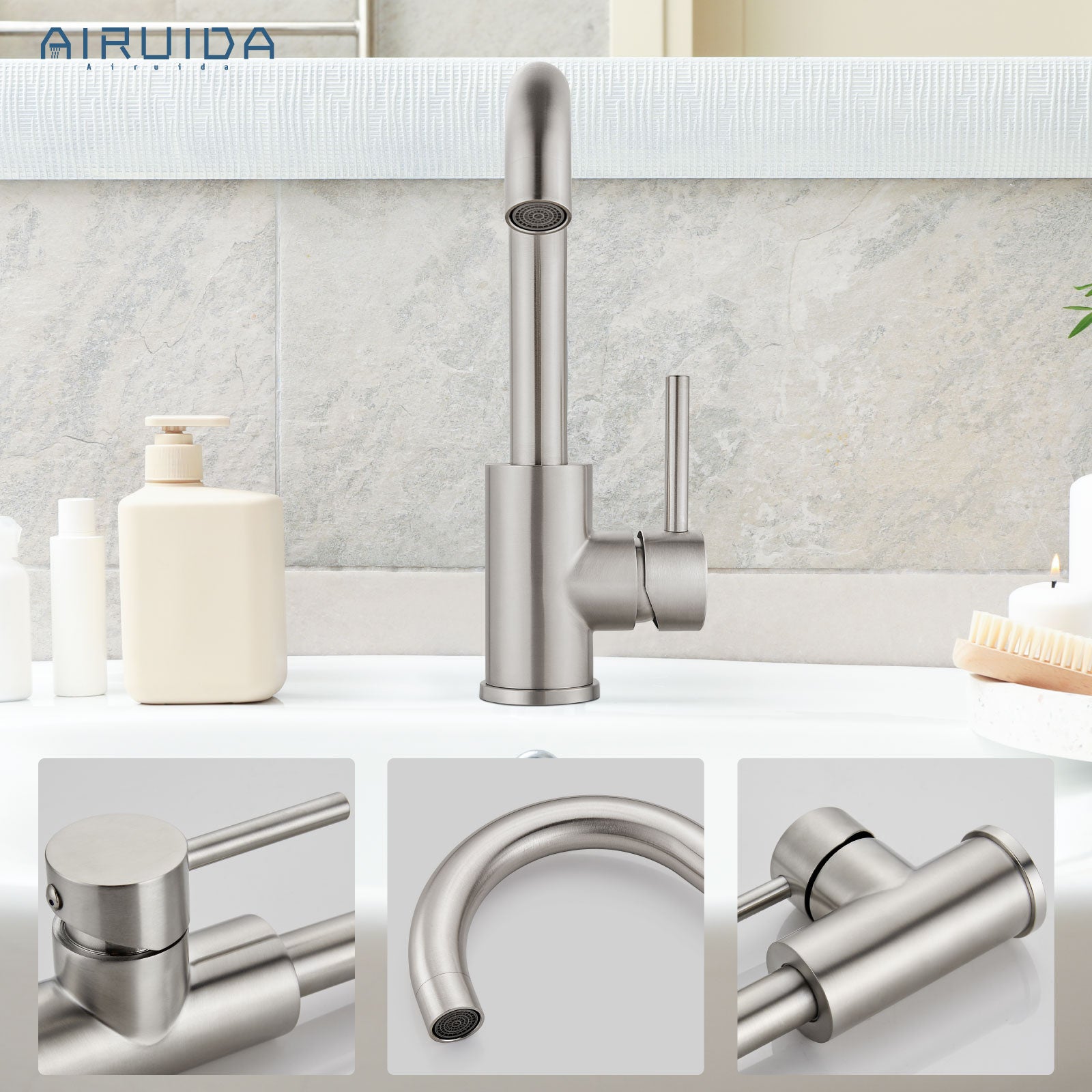 Airuida Bar Sink Faucet Single Hole Single Handle Bathroom Sink Faucet Kitchen Small Prep Wet Farmhouse RV Lavatory Vanity Mixer Tap 360 Degree Swivel Spout Without Pop Up Drain Brushed Nickel