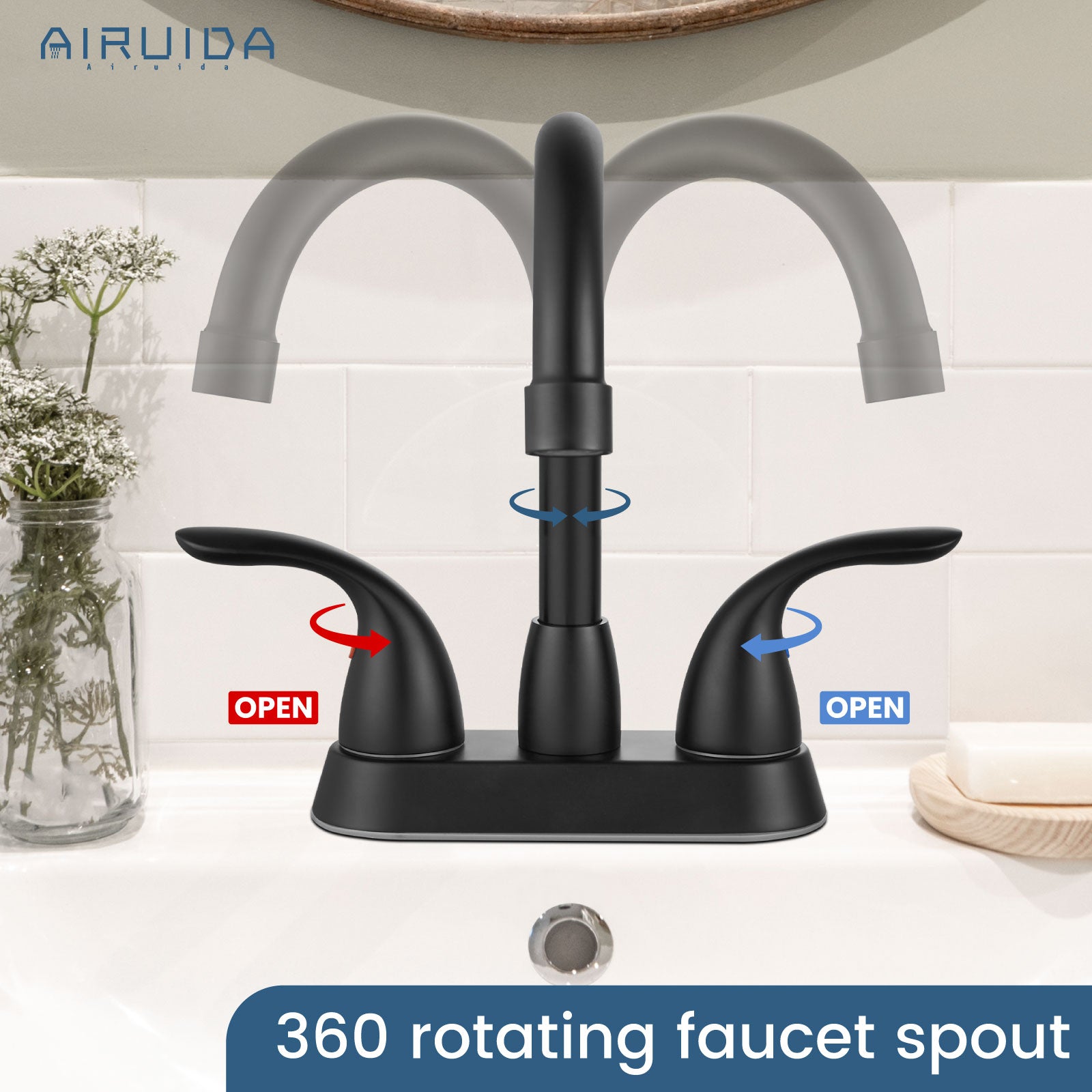 Airuida 4 Inch Centerset Bathroom Faucet RV Basin Mixer Bar Tap Bathroom Sink Faucet with Lift Rod Drain Stopper 2 Handle Modern Lavatory Commercial Faucet Deck Mount