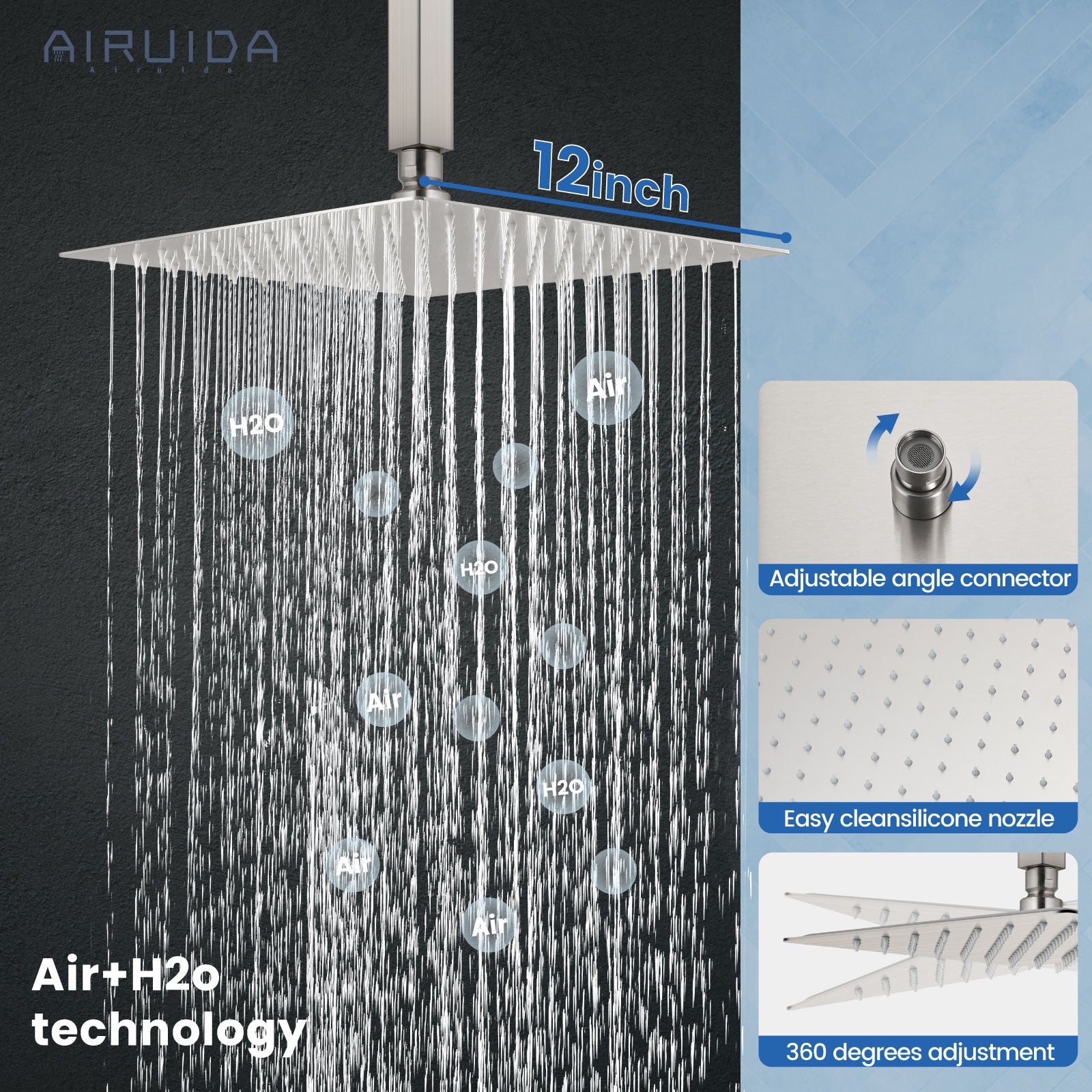 Airuida 12 Inch Ceiling Shower System  SUS304 Ultra-thin Ceiling Mount Rain Shower Head with Handheld Rough-in Valve Bathroom Luxury Brass Shower Rain Mixer Shower Faucet Set