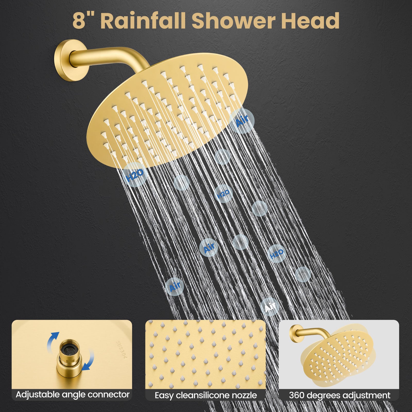 Airuida Shower Fixtures 2 Functions Shower Faucet Set Wall Mounted for Bathroom High Pressure Brass Handheld Shower with Rough-in Valve Round Rainfall 8 Inch Shower Head Brushed Gold