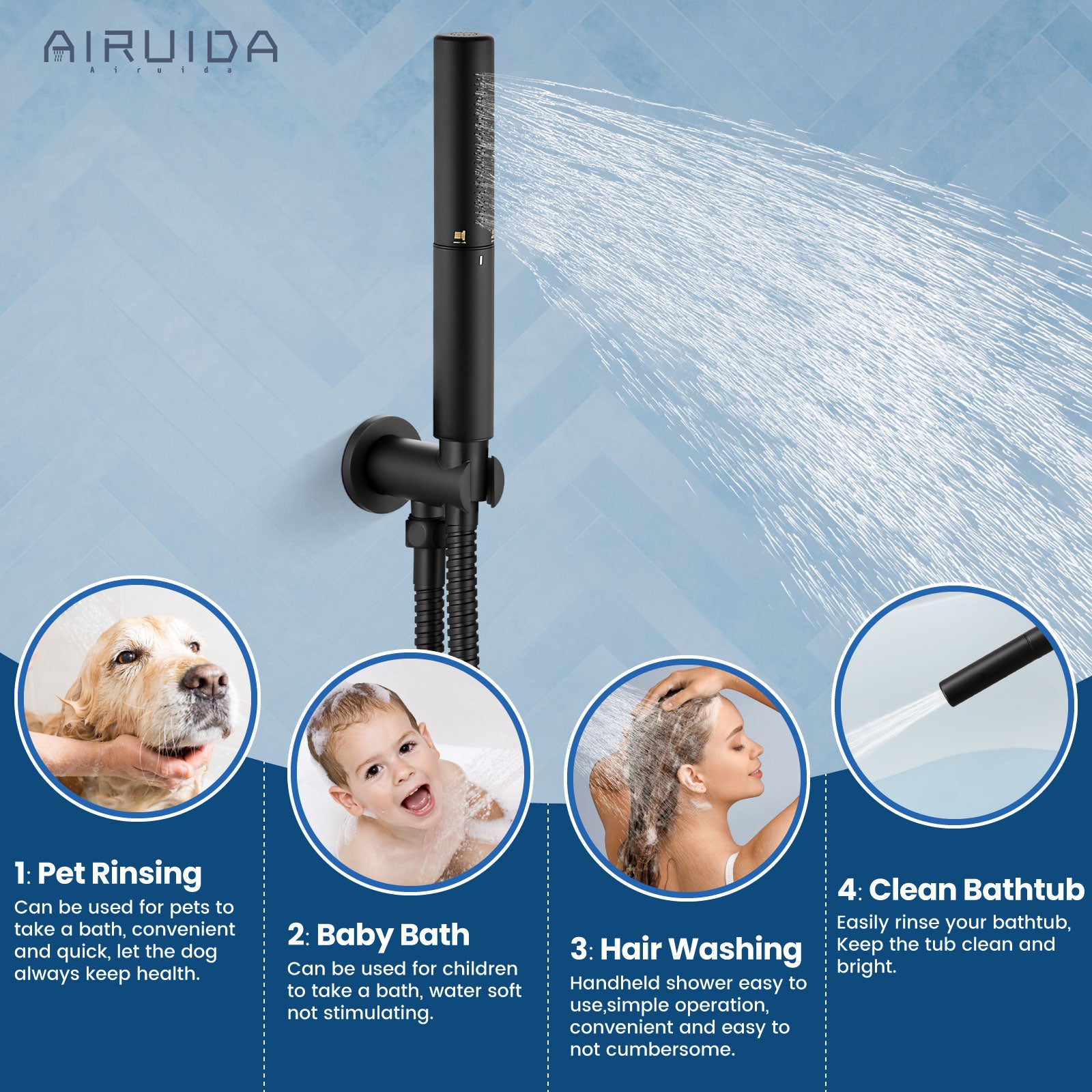 Airuida Shower System with Tub Spout 3-Function Tub Shower Faucet Set Round Rainfall Tub and Shower Faucet Combo with Rough-in Valve 2 Functions Handheld Spray 10 Inch Shower Head Matte Black