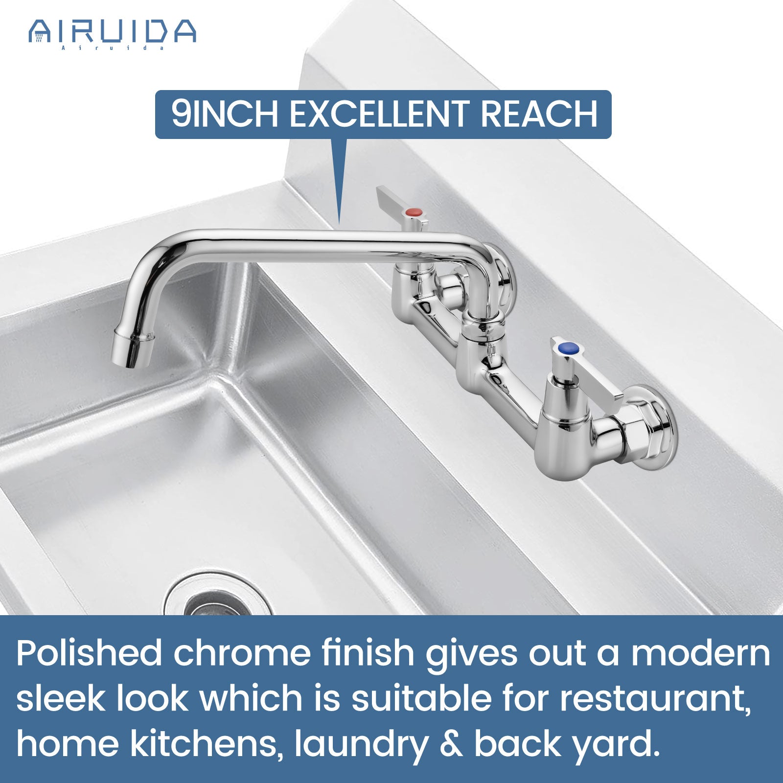 Airuida Wall Mount Kitchen Sink Faucet Commercial Sink Faucet 8 Inch Center Kitchen Mixer Commercial Tap for Laundry Room with 2 Hole Double Handles 360 Rotatable