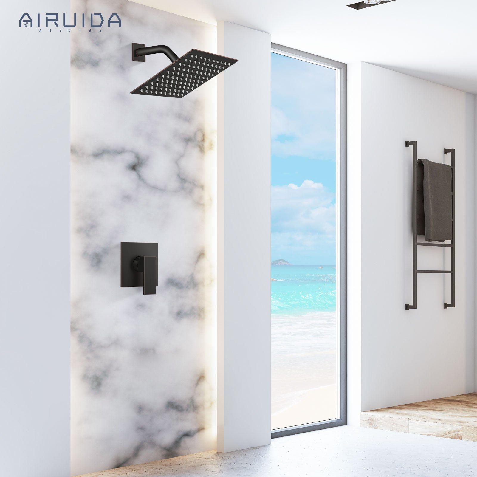Airuida Shower Faucet Set Bathroom Rain Shower System 8 Inch Square Showerhead Single Function 1 Handle Trim Kit with Female Thread Rough-in Valve Cover Plate without H and C Labels Oil Rubbed Bronze