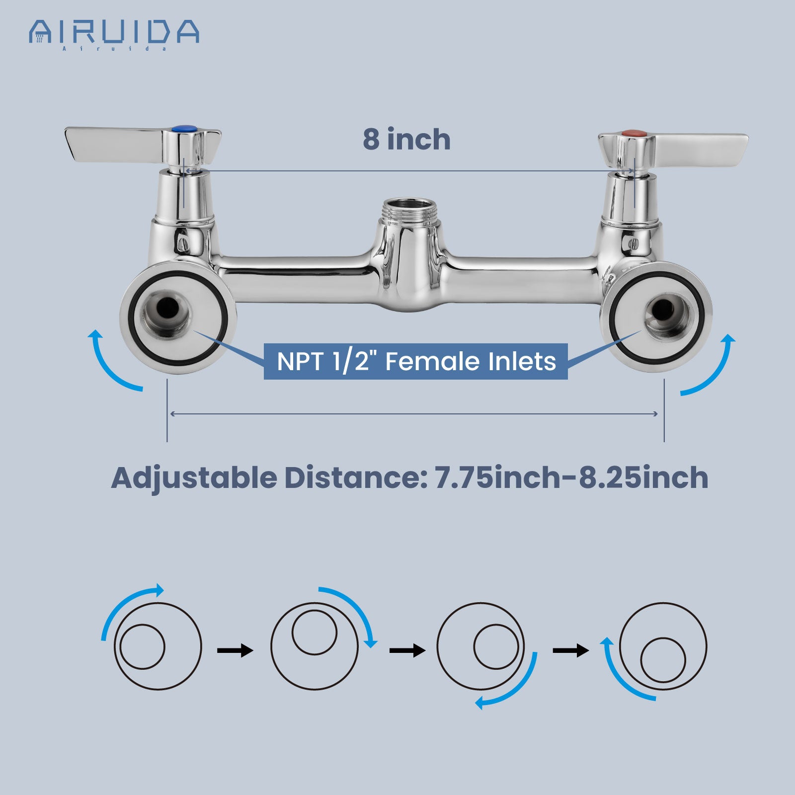 Airuida Wall Mount Kitchen Sink Faucet Commercial Sink Faucet 8 Inch Center Kitchen Mixer Commercial Tap for Laundry Room with 2 Hole Double Handles 360 Rotatable
