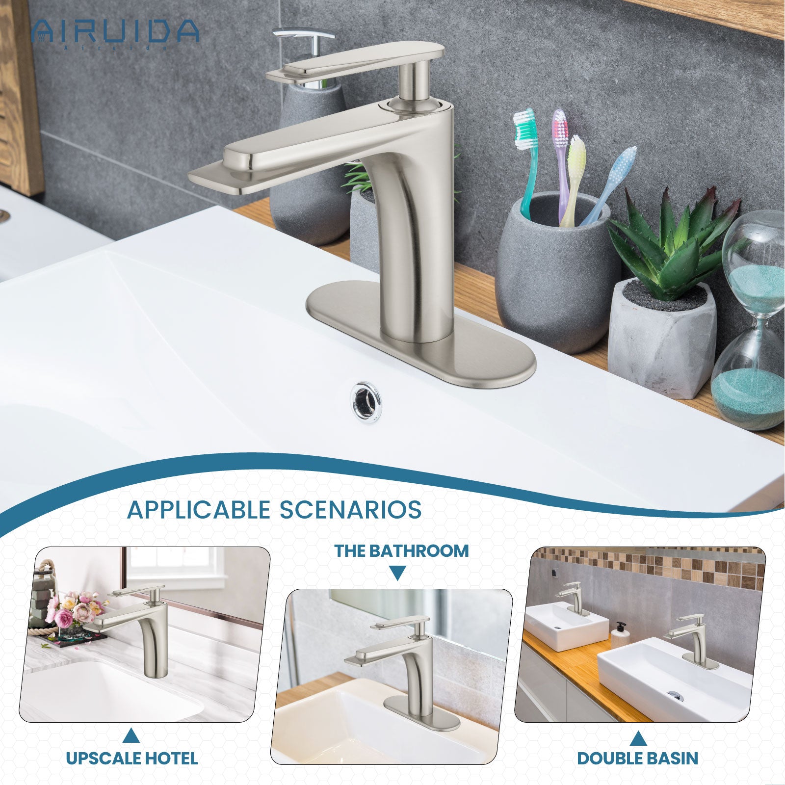 Airuida Single Handle Bathroom Sink Faucet 1 or 3 Hole Washbasin Mixer Tap Deck Mount Solid Brass Material Bath Lavatory Short Vanity Bathroom Faucet with Pop Up Drain and Deck Plate