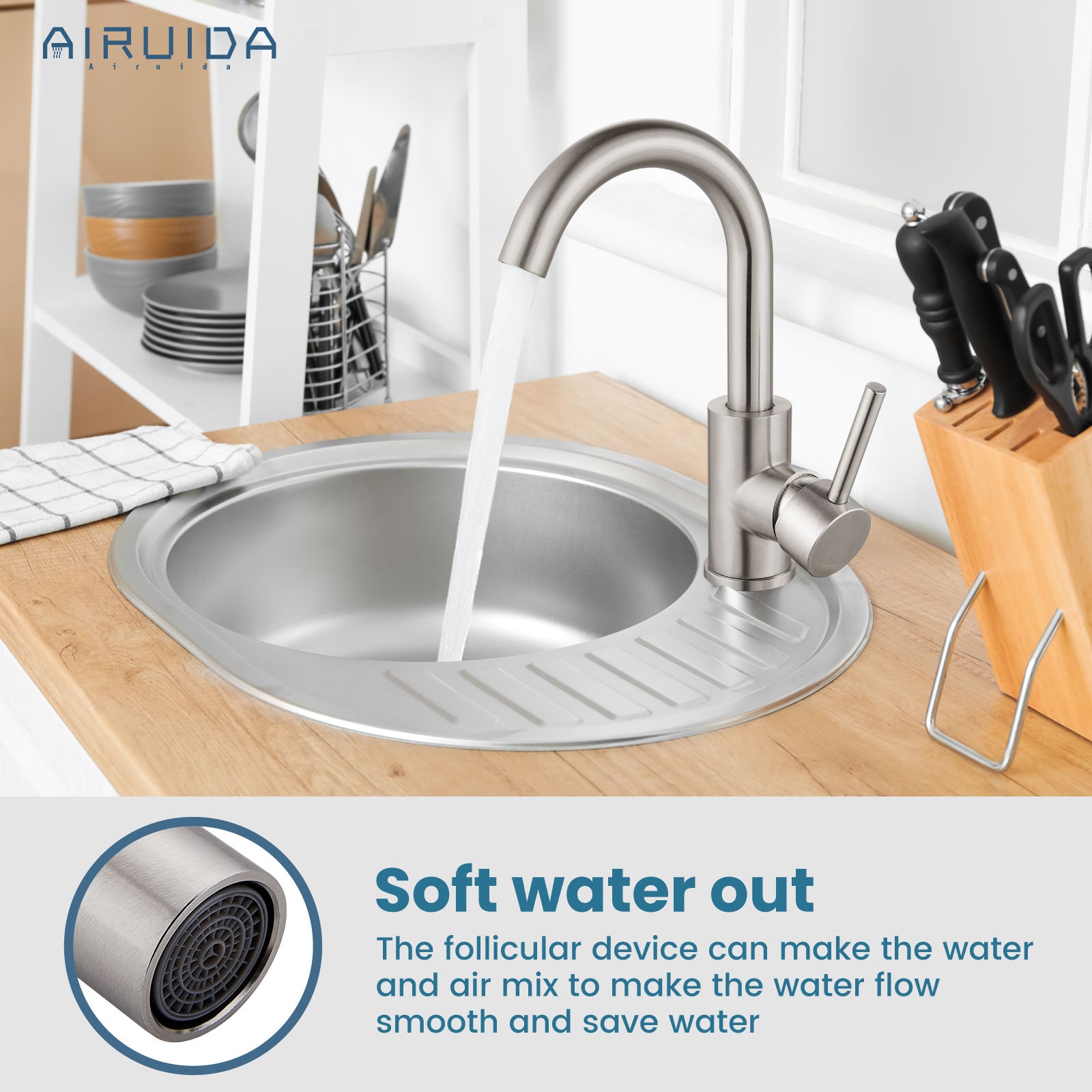 Airuida Bar Sink Faucet Single Hole Single Handle Bathroom Sink Faucet Kitchen Small Prep Wet Farmhouse RV Lavatory Vanity Mixer Tap 360 Degree Swivel Spout Without Pop Up Drain Brushed Nickel