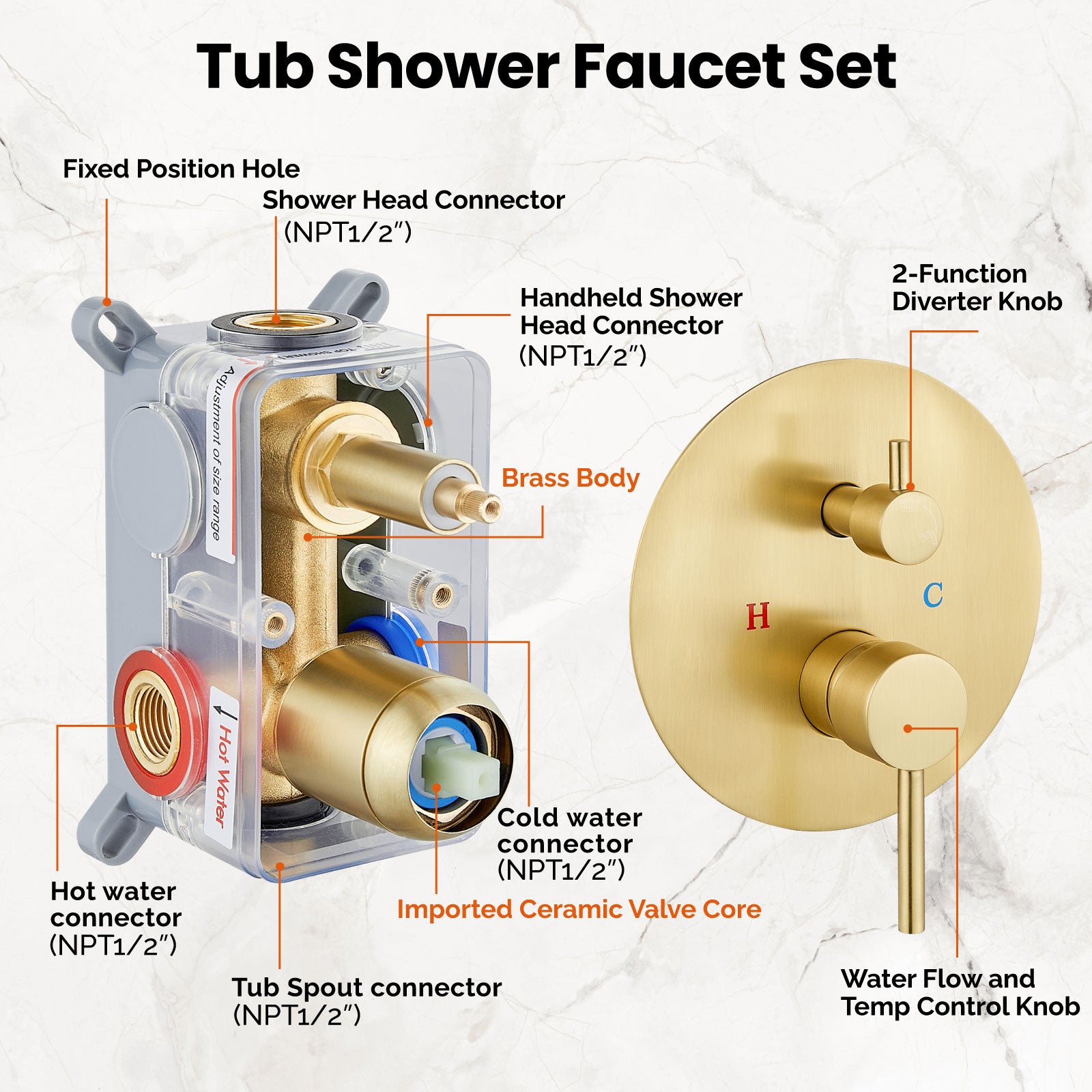 Airuida Shower Fixtures 2 Functions Shower Faucet Set Wall Mounted for Bathroom High Pressure Brass Handheld Shower with Rough-in Valve Round Rainfall 8 Inch Shower Head Brushed Gold