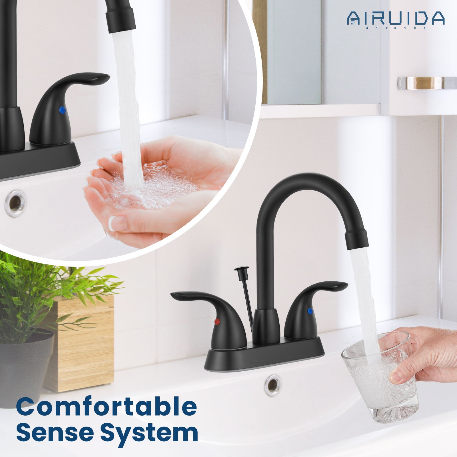 Airuida 4 Inch Centerset Bathroom Faucet RV Basin Mixer Bar Tap Bathroom Sink Faucet with Lift Rod Drain Stopper 2 Handle Modern Lavatory Commercial Faucet Deck Mount