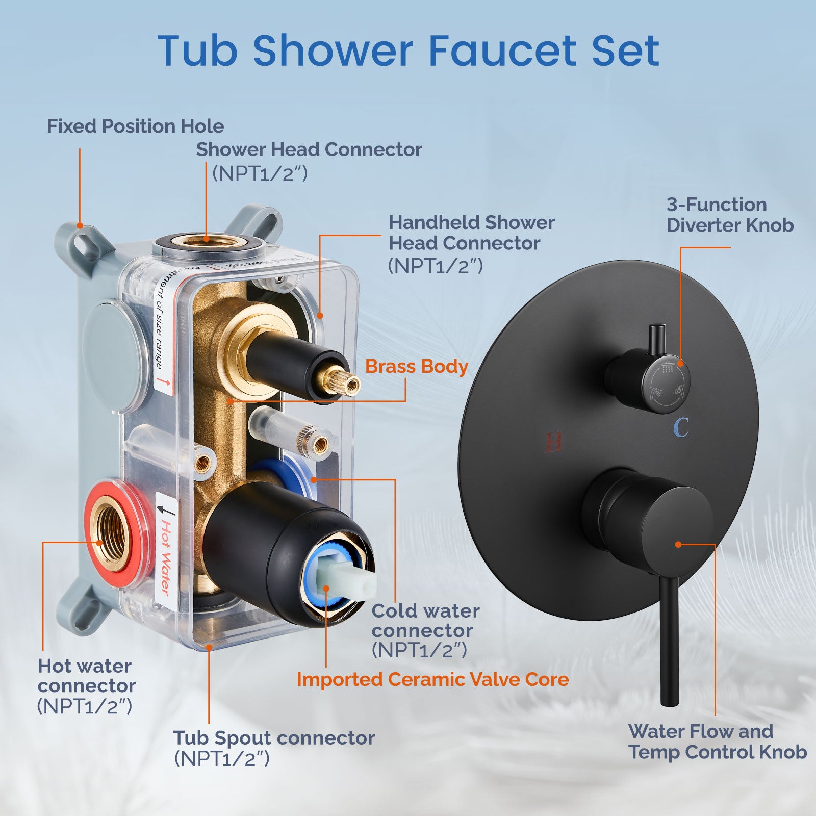 Airuida Shower System with Tub Spout 3-Function Tub Shower Faucet Set Round Rainfall Tub and Shower Faucet Combo with Rough-in Valve 2 Functions Handheld Spray 10 Inch Shower Head Matte Black