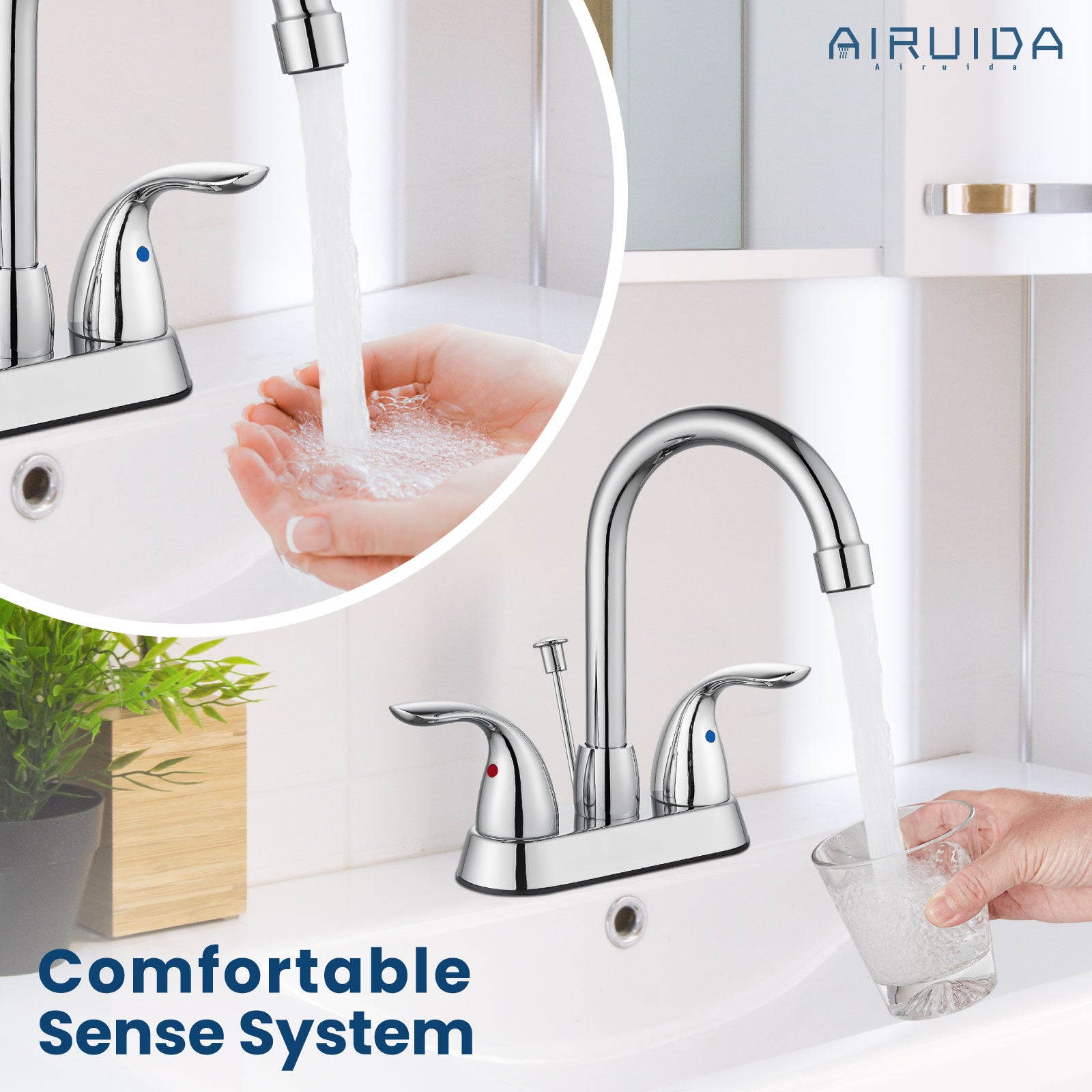 Airuida 4 Inch Centerset Bathroom Faucet RV Basin Mixer Bar Tap Bathroom Sink Faucet with Lift Rod Drain Stopper 2 Handle Modern Lavatory Commercial Faucet Deck Mount