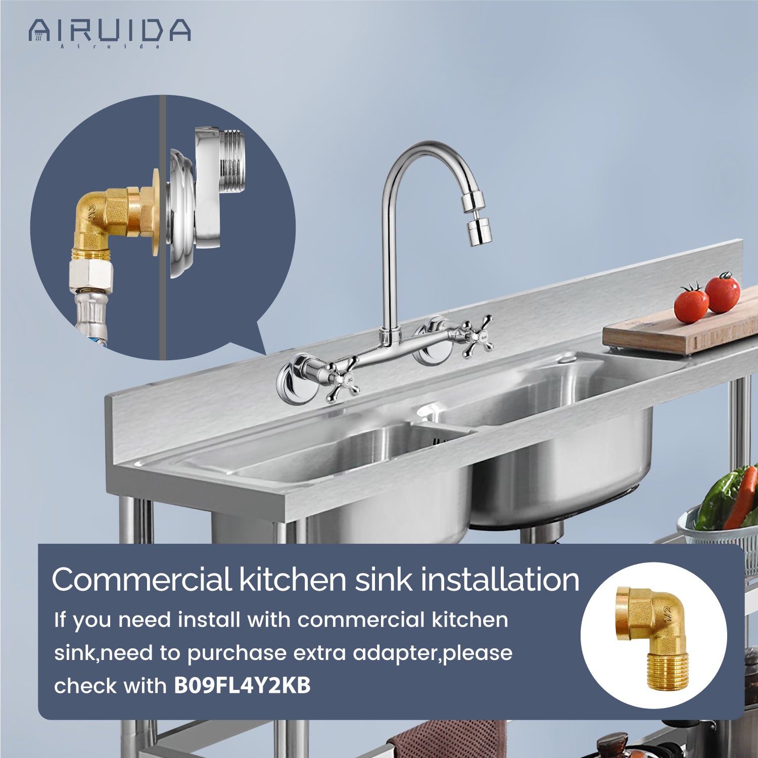 Wall Mount Faucets Connector Set Brass Kitchen Sink 1/2" NPT Female to G 3/4 Male Chrome Polish Mounted Installation Kit
