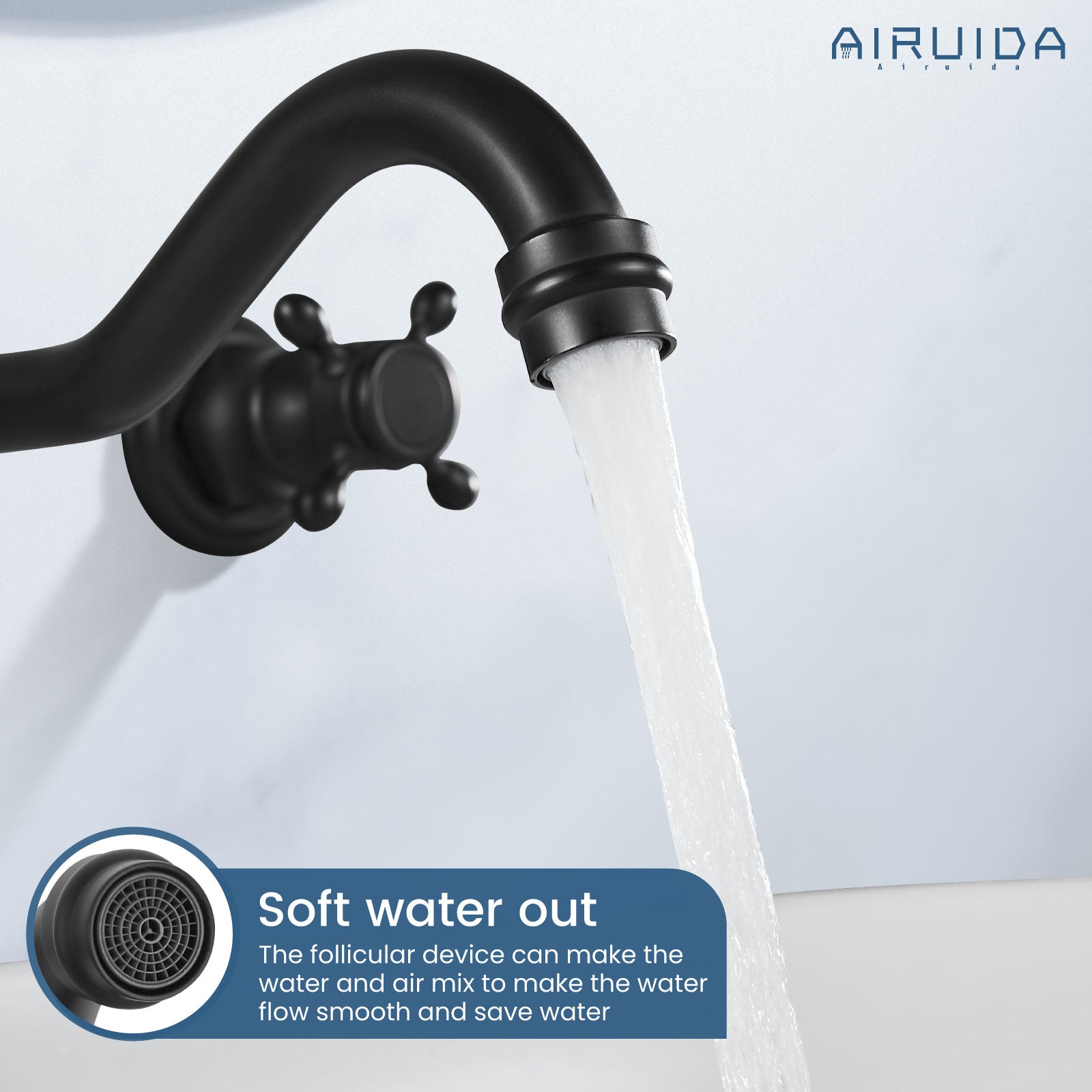 Airuida Wall Mount Bathroom Faucet Widespread Wall Mounted Bathroom Sink Faucet 360 Swivel Spout 2 Cross Knobs 3 Holes Lavatory Basin Sink Mixing Faucet with Brass Rough in Valve Matte Black