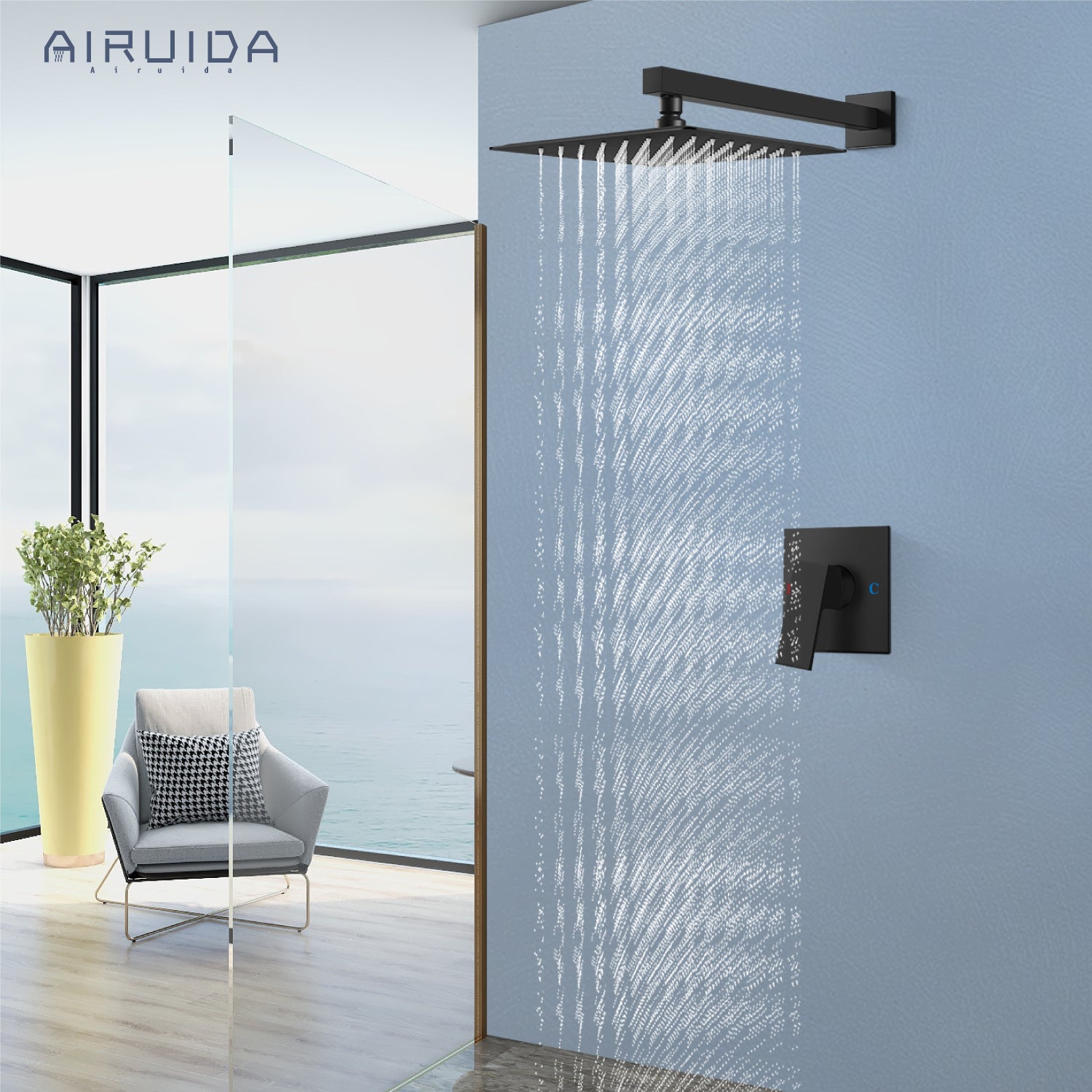 Airuida Shower Faucet Set, Single Function Shower Handle Wall Mount Bathroom Rainfall Shower Mixer, Square 10 Inch Shower Head Shower Valve and Trim Kit with Female Thread Rough-in Valve