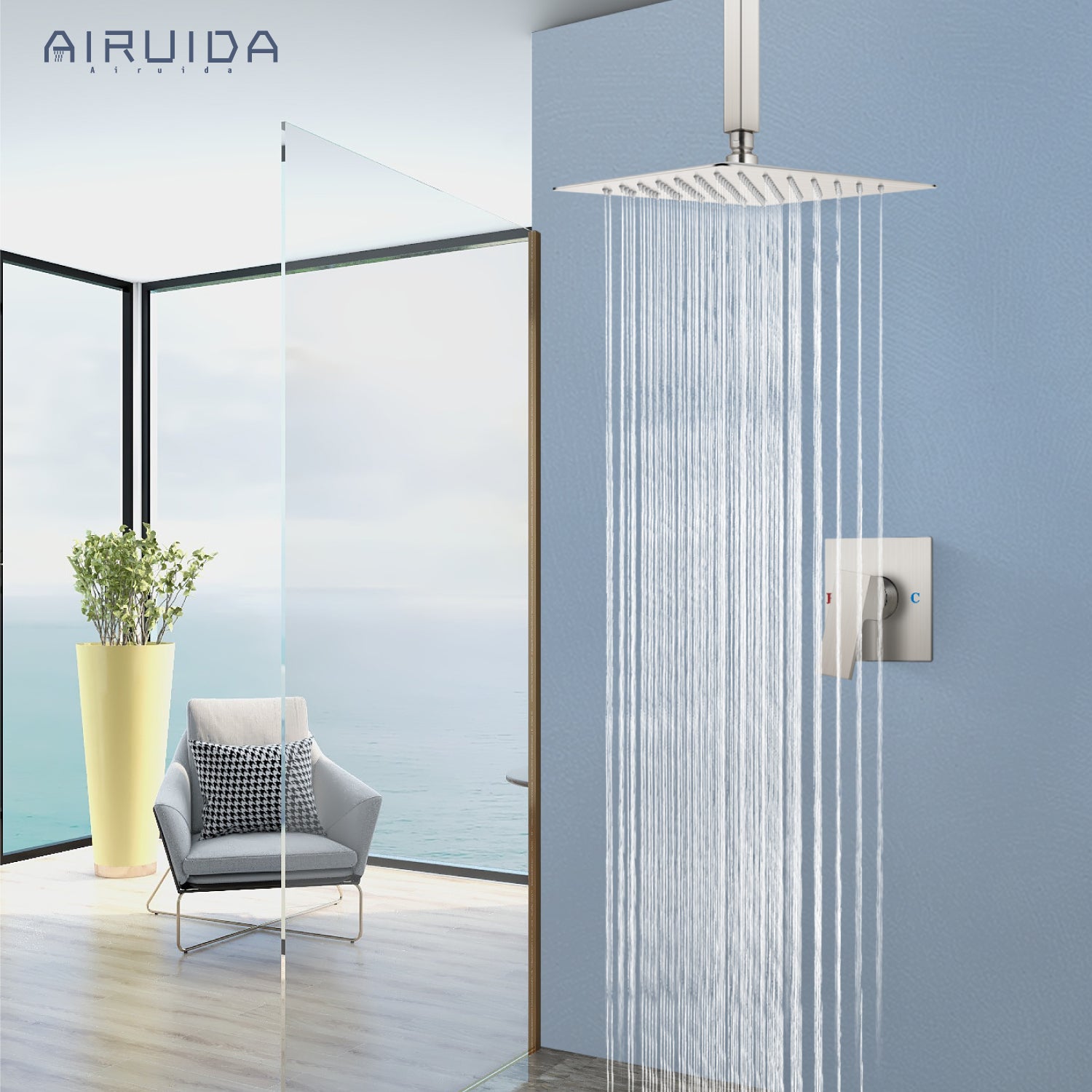 Airuida Ceiling Mount Shower Only Faucet Set Single Function Shower Trim Kit Square Shower Head Bathroom Rainfall Shower System with Rough-in Valve Male Thread