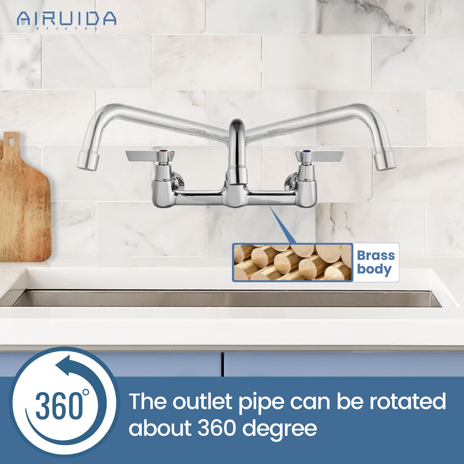 Airuida Wall Mount Kitchen Sink Faucet Commercial Sink Faucet 8 Inch Center Kitchen Mixer Commercial Tap for Laundry Room with 2 Hole Double Handles 360 Rotatable