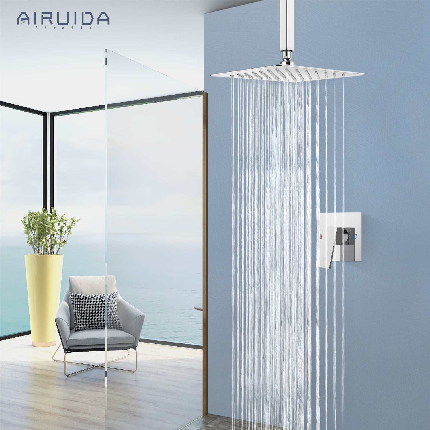 Airuida Ceiling Mount Shower Only Faucet Set Single Function Shower Trim Kit Square Shower Head Bathroom Rainfall Shower System with Rough-in Valve Male Thread