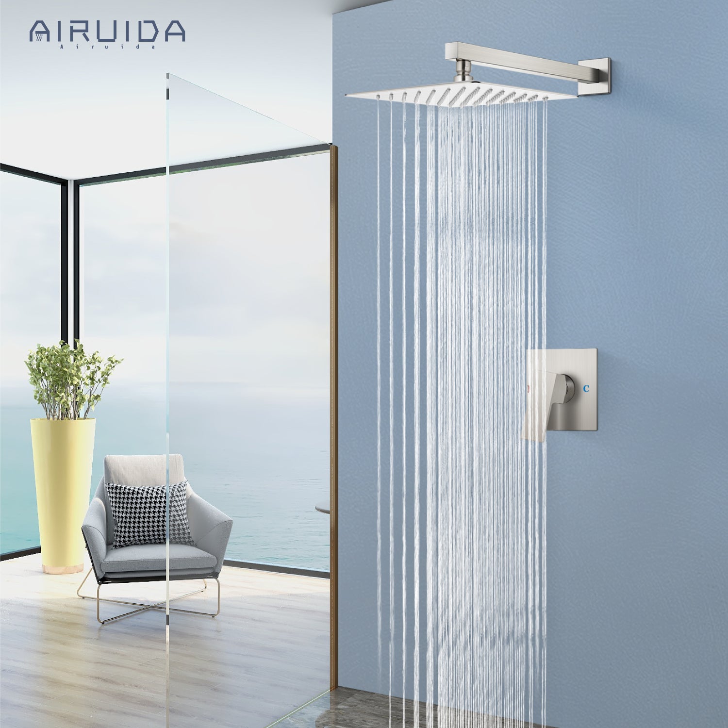 Airuida Shower Faucet Set, Single Function Wall Mount Bathroom Rainfall Shower System, Shower Head Shower Valve and Trim Kit with Male Thread Rough-in Valve