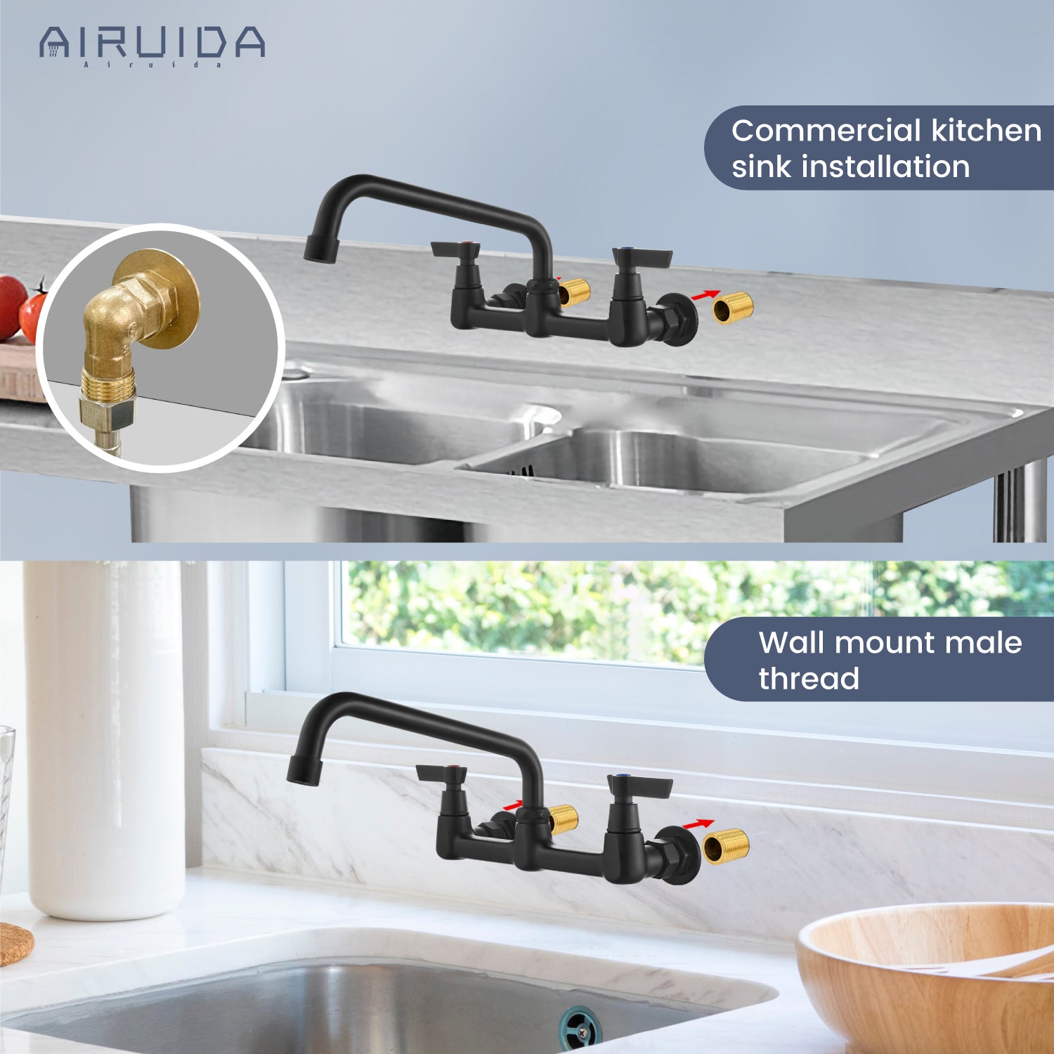 Airuida Wall Mount Kitchen Sink Faucet Commercial Sink Faucet 8 Inch Center Kitchen Mixer Commercial Tap for Laundry Room with 2 Hole Double Handles 360 Rotatable
