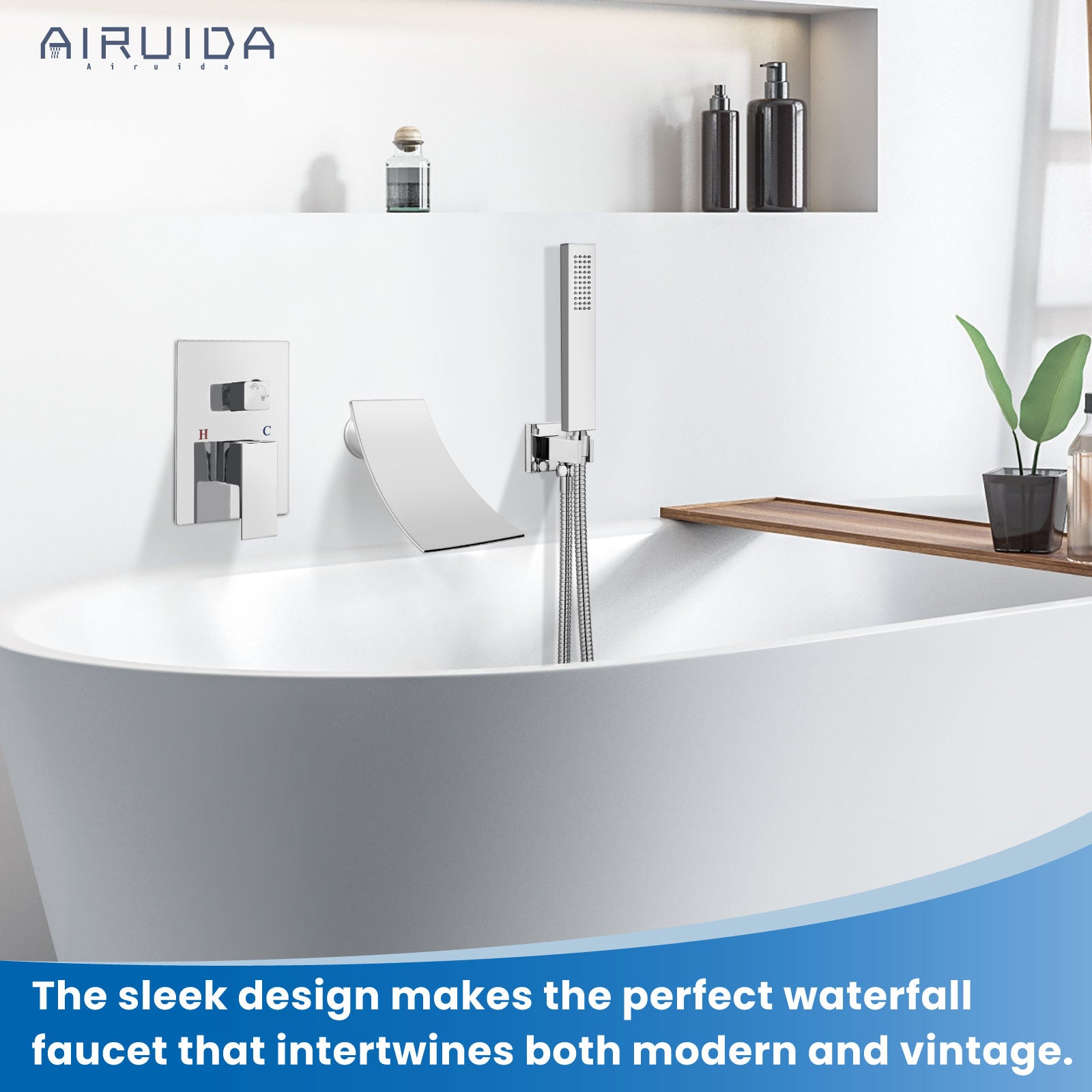 Airuida Wall Mount Tub Faucet with Waterfall Tub Spout Wall Mounted Bathtub Faucet with Handheld Shower Single Handle Tub Filler Shower Faucet Set with Rough-in valve Curved Spout Chrome Polish