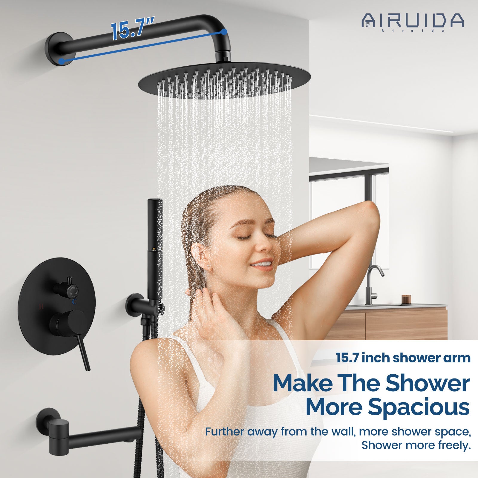 Airuida Shower System with Tub Spout 3-Function Tub Shower Faucet Set Round Rainfall Tub and Shower Faucet Combo with Rough-in Valve 2 Functions Handheld Spray 10 Inch Shower Head Matte Black