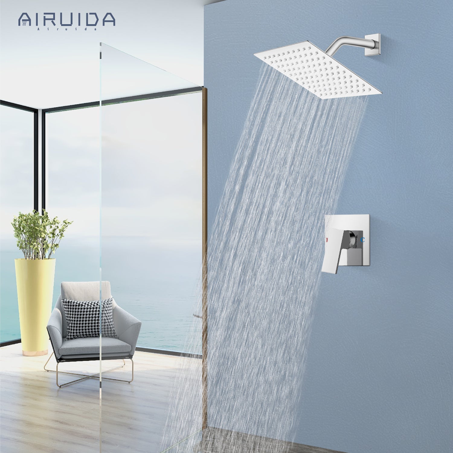 Airuida Shower Faucet Set Bathroom Rain Shower System 8 Inch Square Showerhead Single Function Single Handle Shower Trim Kit With Thread Rough-in Valve