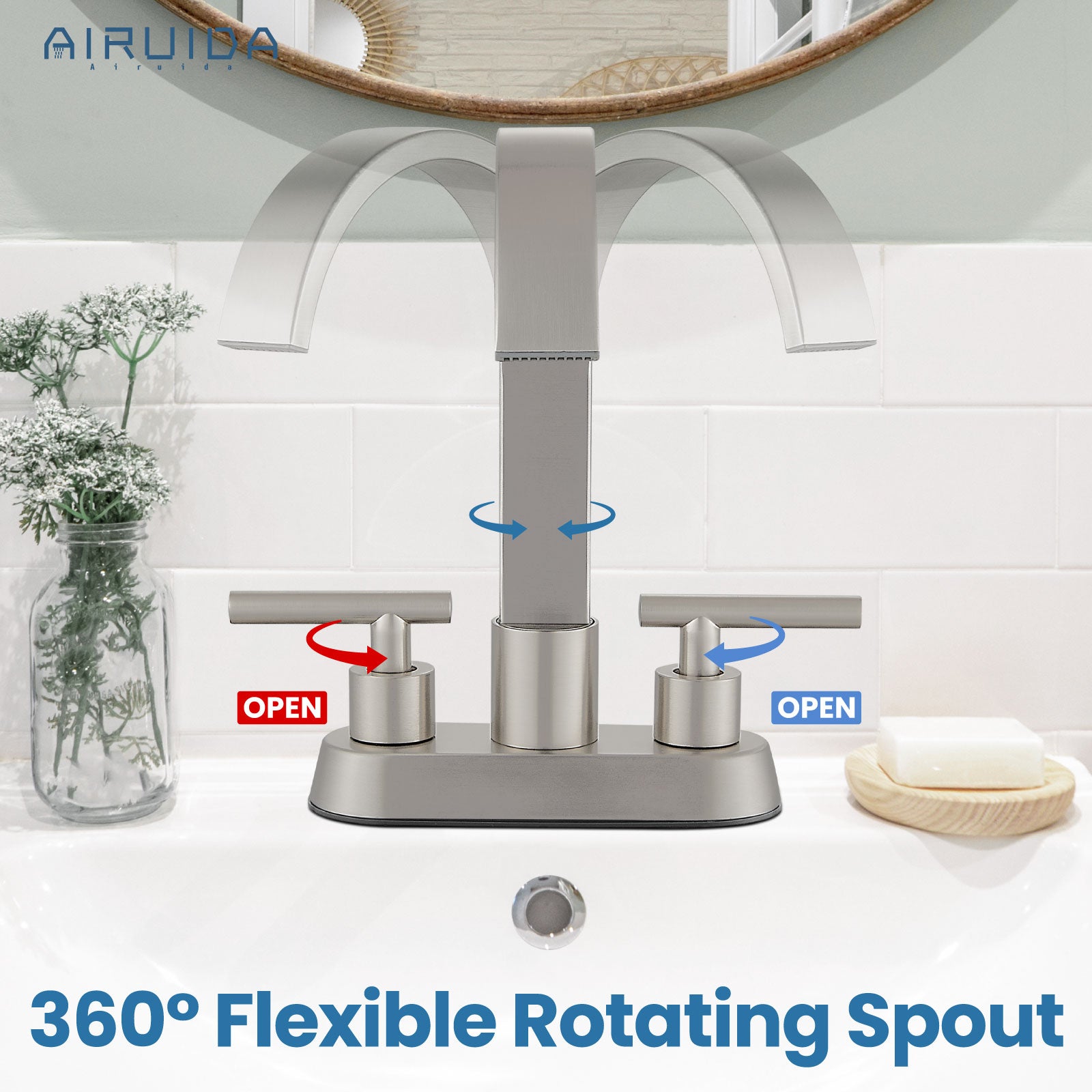 Airuida 4 Inch Centerset Bathroom Faucets,Two Handle Bathroom Sink Faucet,2 or 3 Hole Restroom Vanity with Pop Up Drain,Waterfall Swivel Spout 2 Water Supply Lines Conical Handle Brushed Nickel