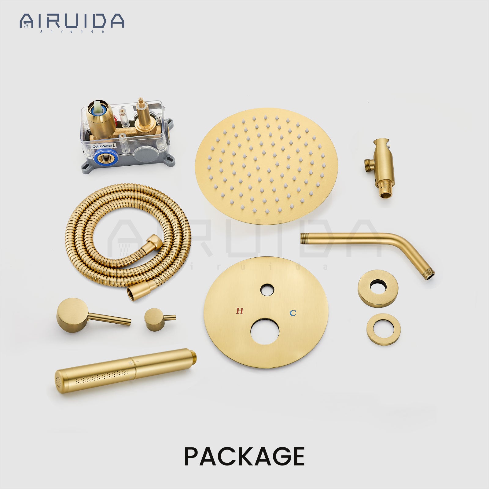 Airuida Shower Fixtures 2 Functions Shower Faucet Set Wall Mounted for Bathroom High Pressure Brass Handheld Shower with Rough-in Valve Round Rainfall 8 Inch Shower Head Brushed Gold