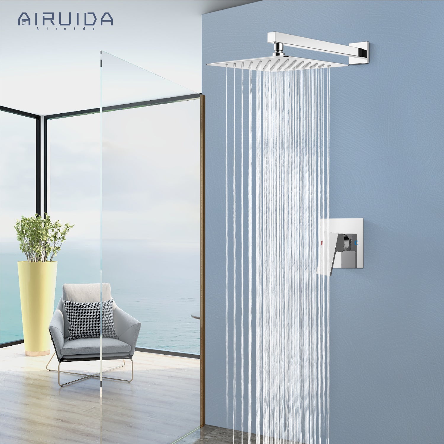 Airuida Shower Faucet Set, Single Function Wall Mount Bathroom Rainfall Shower System, Shower Head Shower Valve and Trim Kit with Male Thread Rough-in Valve