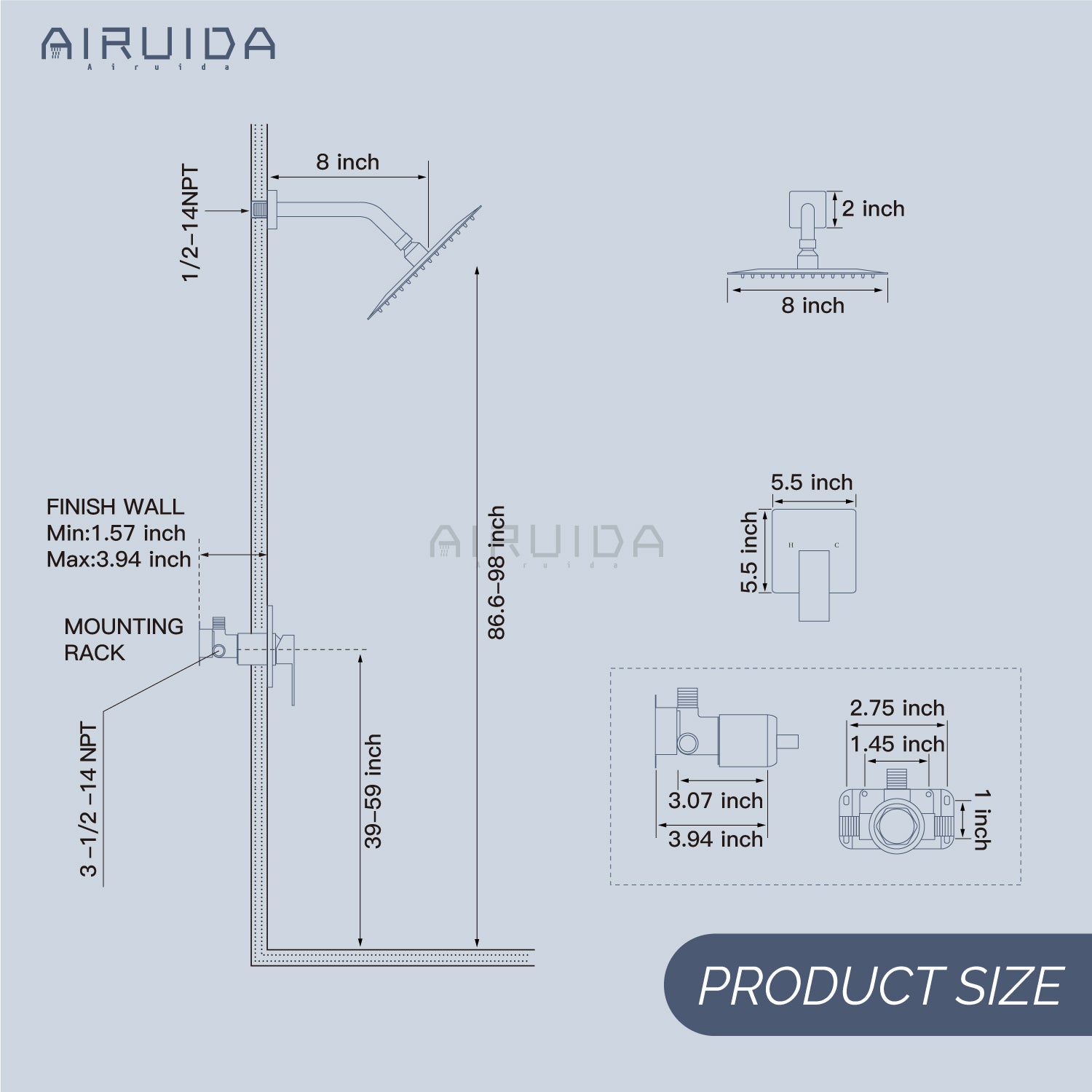 Airuida Shower Faucet Set Bathroom Rain Shower System 8 Inch Square Showerhead Single Function Single Handle Shower Trim Kit With Thread Rough-in Valve