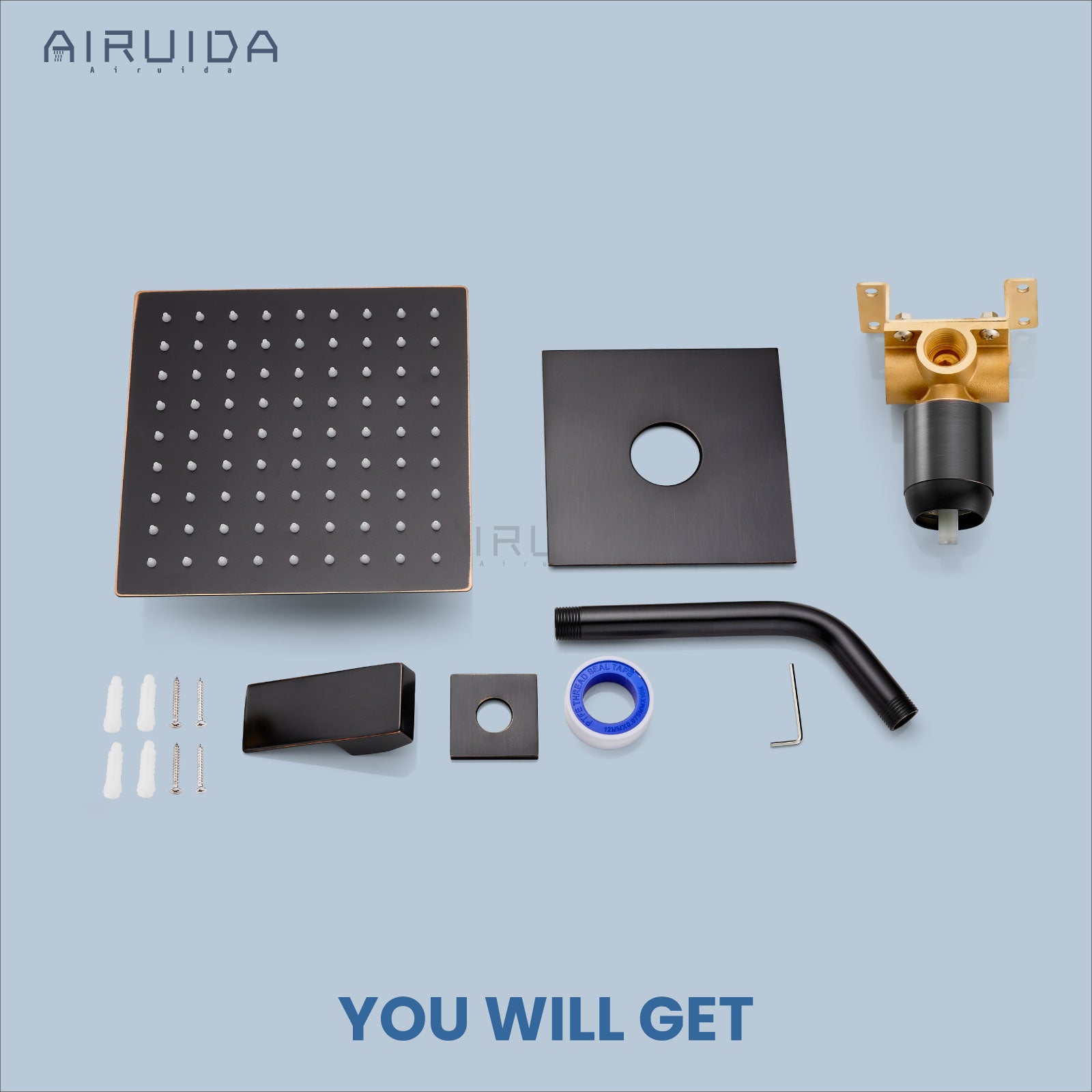 Airuida Shower Faucet Set Bathroom Rain Shower System 8 Inch Square Showerhead Single Function 1 Handle Trim Kit with Female Thread Rough-in Valve Cover Plate without H and C Labels Oil Rubbed Bronze