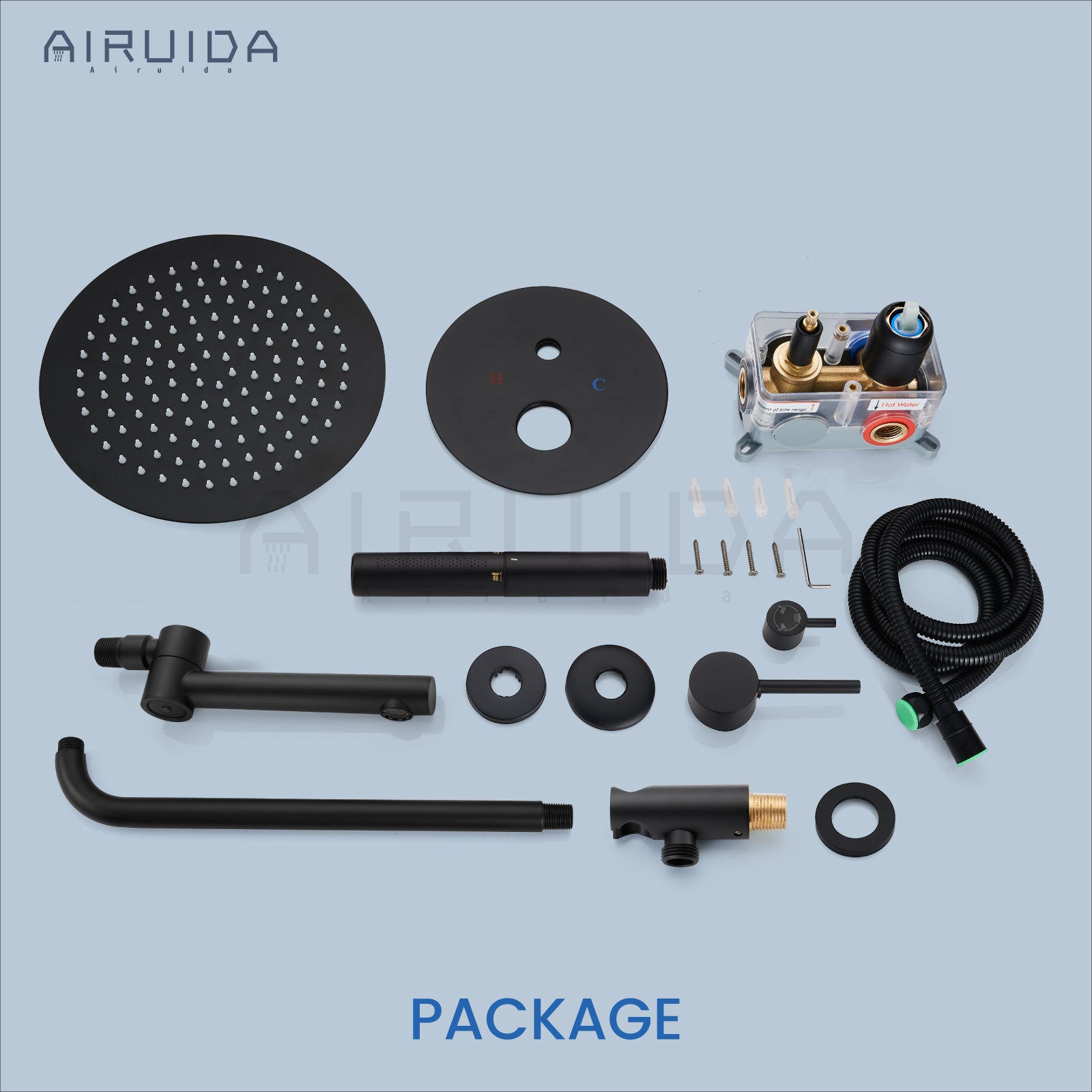 Airuida Shower System with Tub Spout 3-Function Tub Shower Faucet Set Round Rainfall Tub and Shower Faucet Combo with Rough-in Valve 2 Functions Handheld Spray 10 Inch Shower Head Matte Black