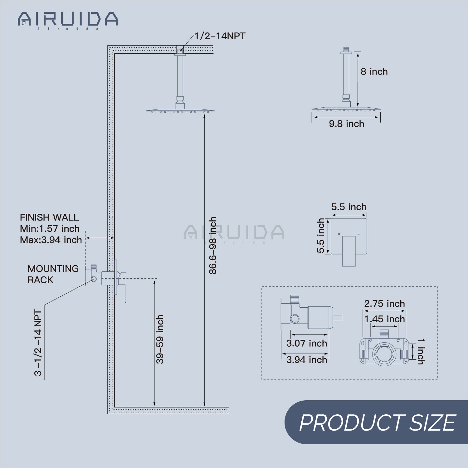 Airuida Ceiling Mount Shower Only Faucet Set Single Function Shower Trim Kit Square Shower Head Bathroom Rainfall Shower System with Rough-in Valve Male Thread