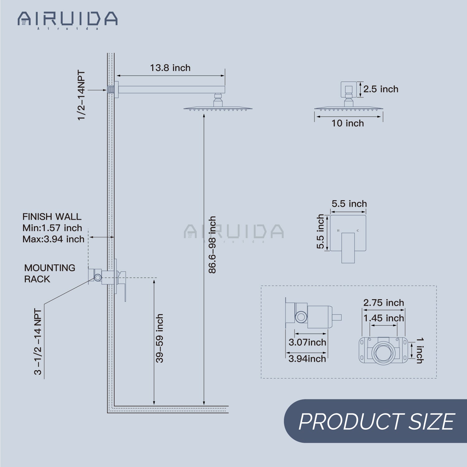 Airuida Shower Faucet Set, Single Function Shower Handle Wall Mount Bathroom Rainfall Shower Mixer, Square 10 Inch Shower Head Shower Valve and Trim Kit with Female Thread Rough-in Valve